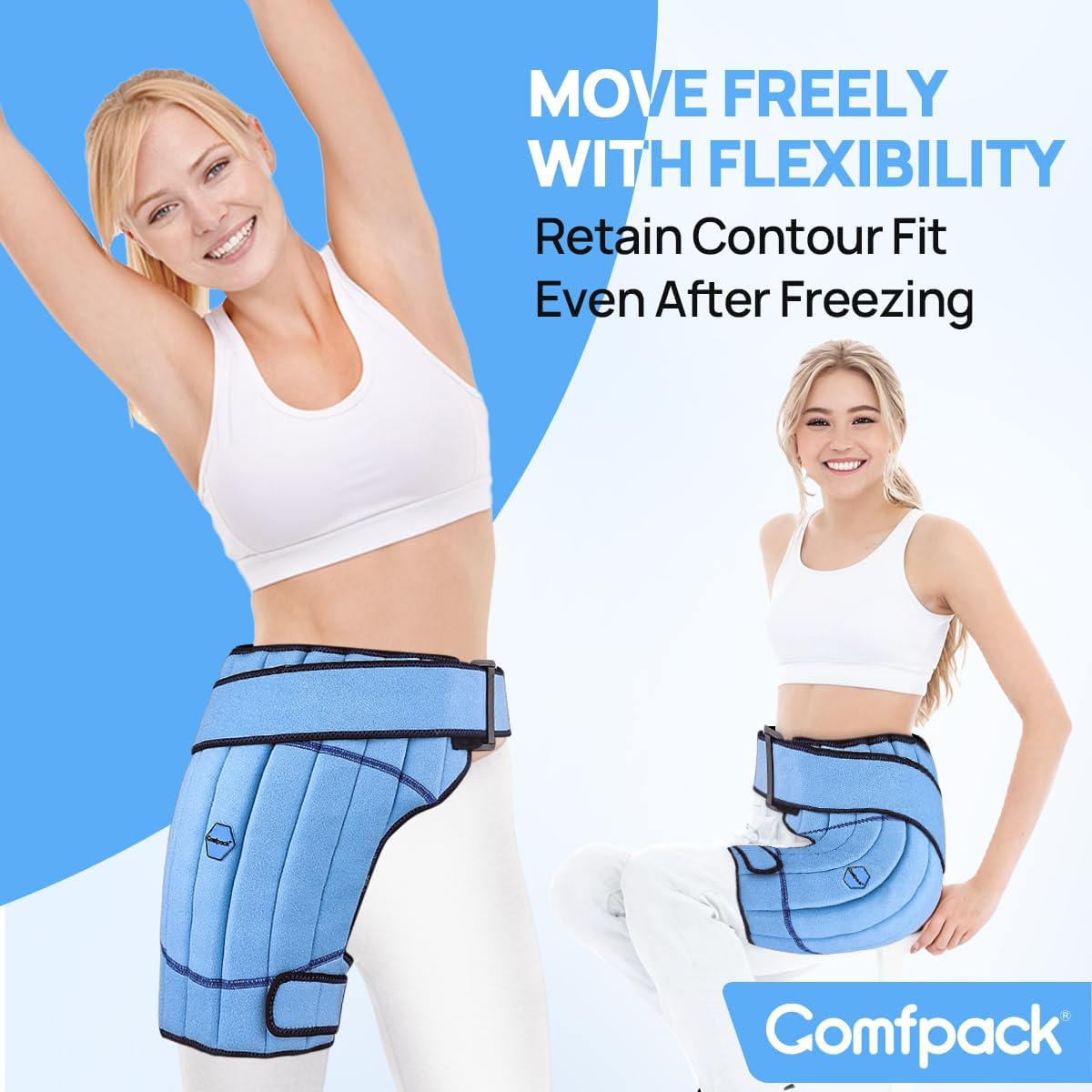 Comfpack enveloppant glacé pour hanche assure refroidissement uniforme sur la hanche.