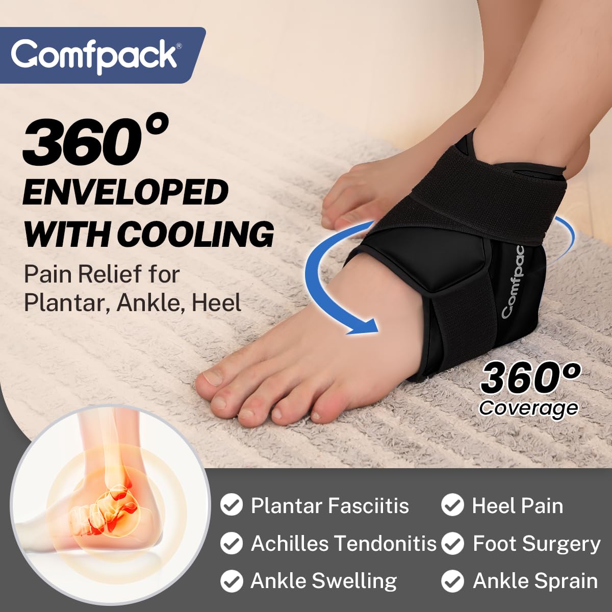 Comfpack relief localisé pied, utilisation mains libres et compression légère.