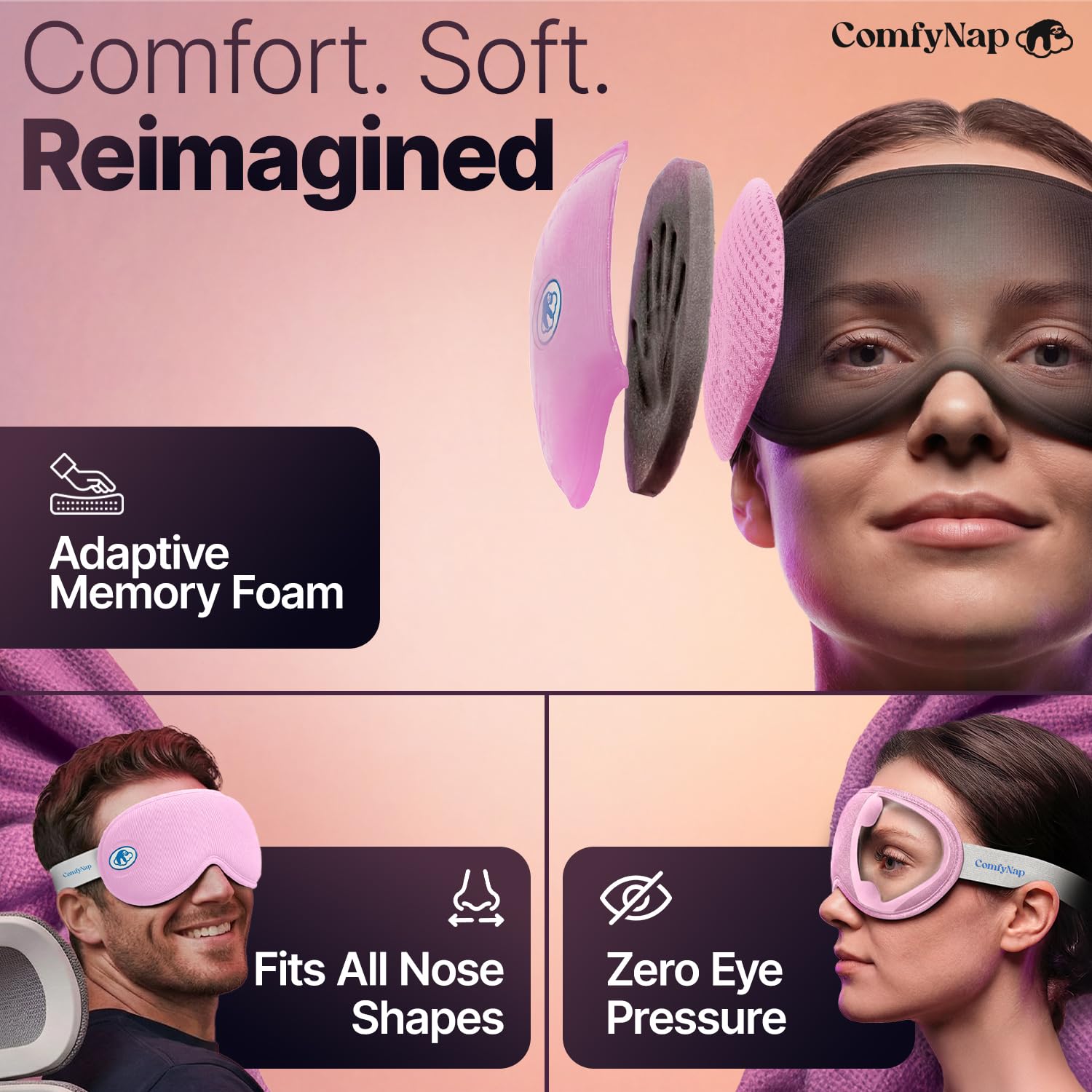 Masque yeux ComfyNap mousse mémoire, douceur et soutien sans pression.