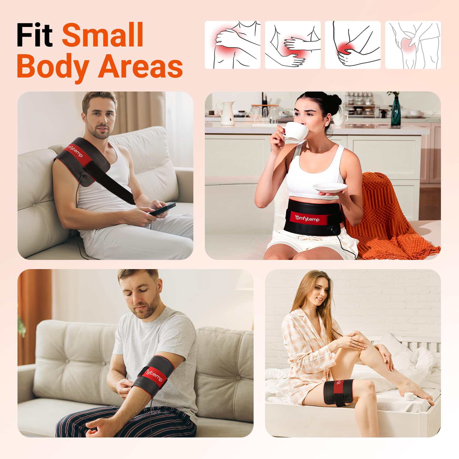 Bande rouge Comfytemp appliquée sur le dos pour détente ciblée et confort dorsal.