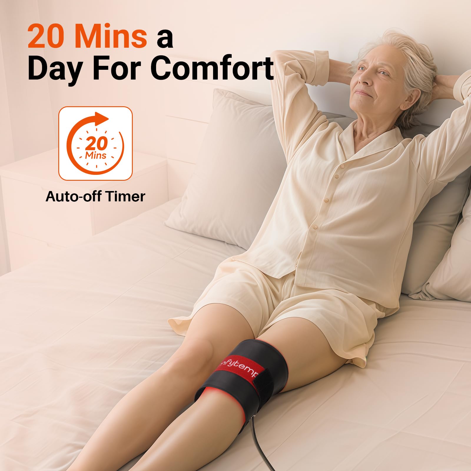 Application Comfytemp sur les genoux pour chaleur et confort articulaire.