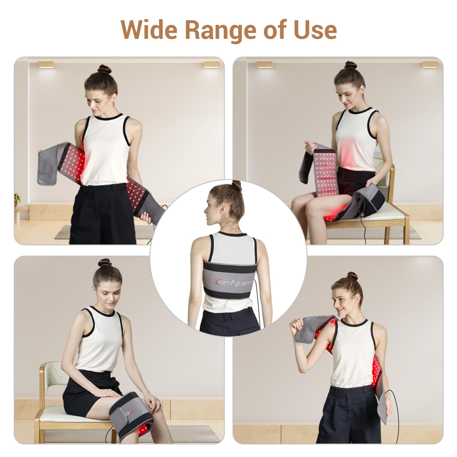 Ceinture Comfytemp montre la couverture lumineuse dos pour récupération ciblée.
