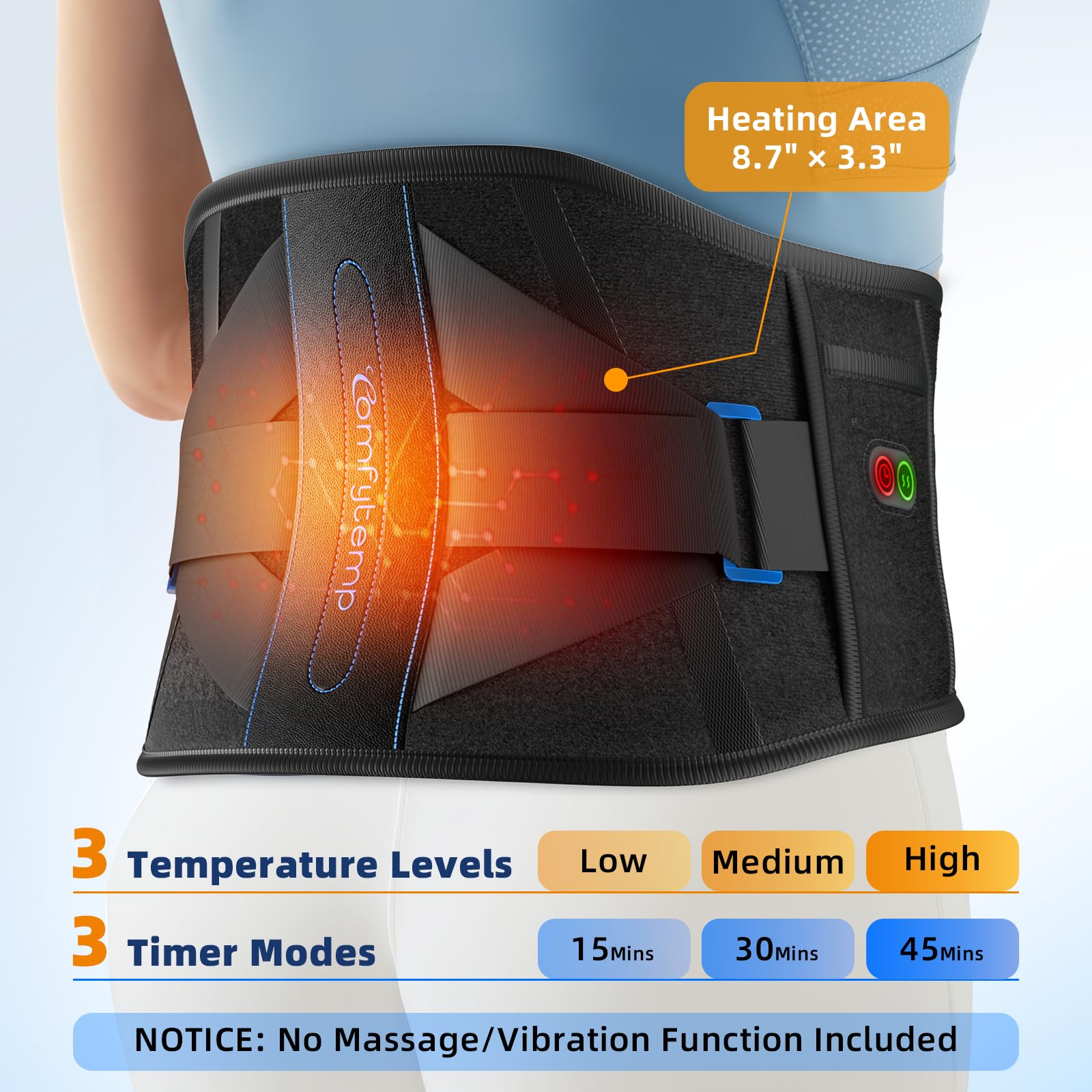 Contrôles LED Comfytemp avec 3 niveaux et minuterie pratique.