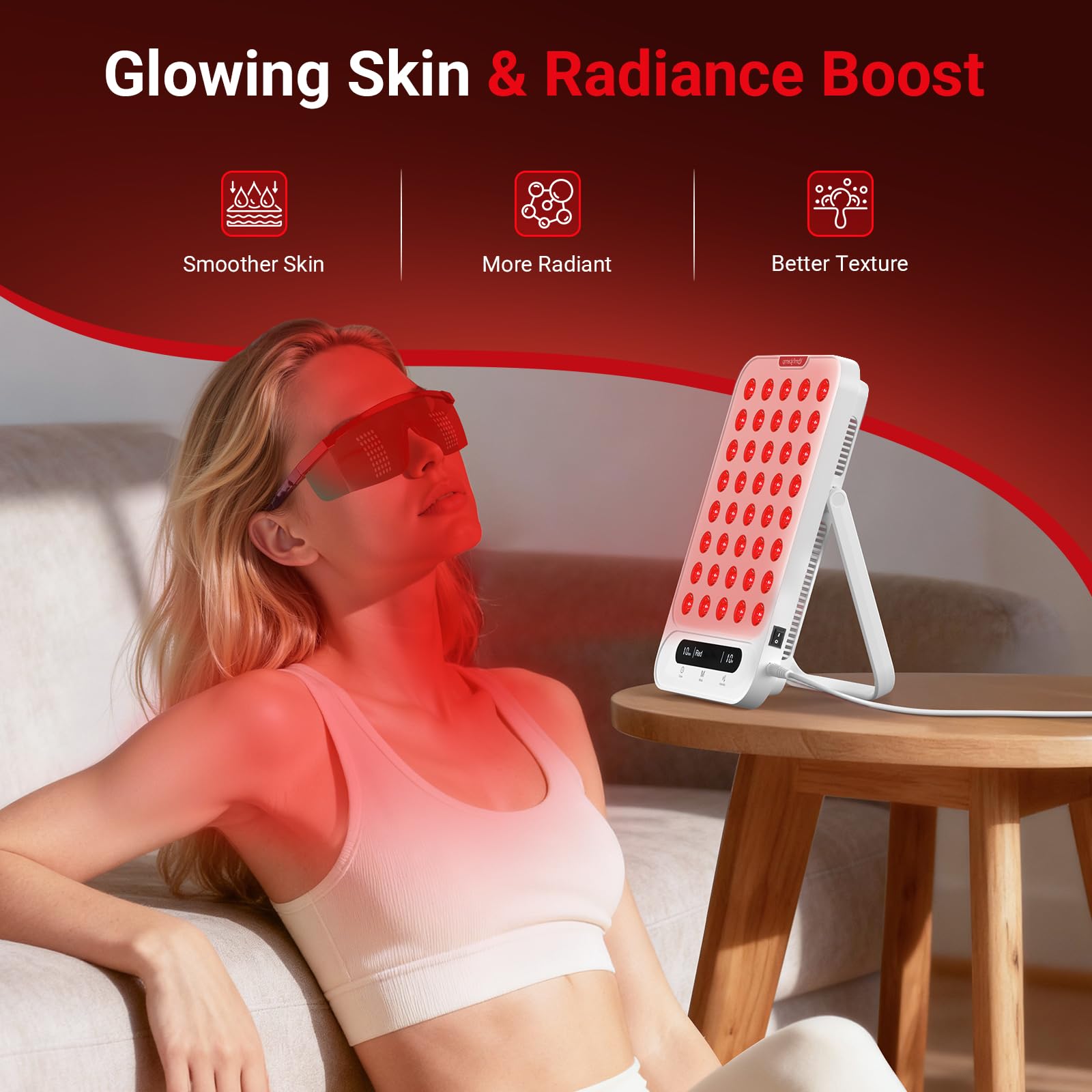 Lumière rouge 660nm sur la surface pour revitaliser la peau.