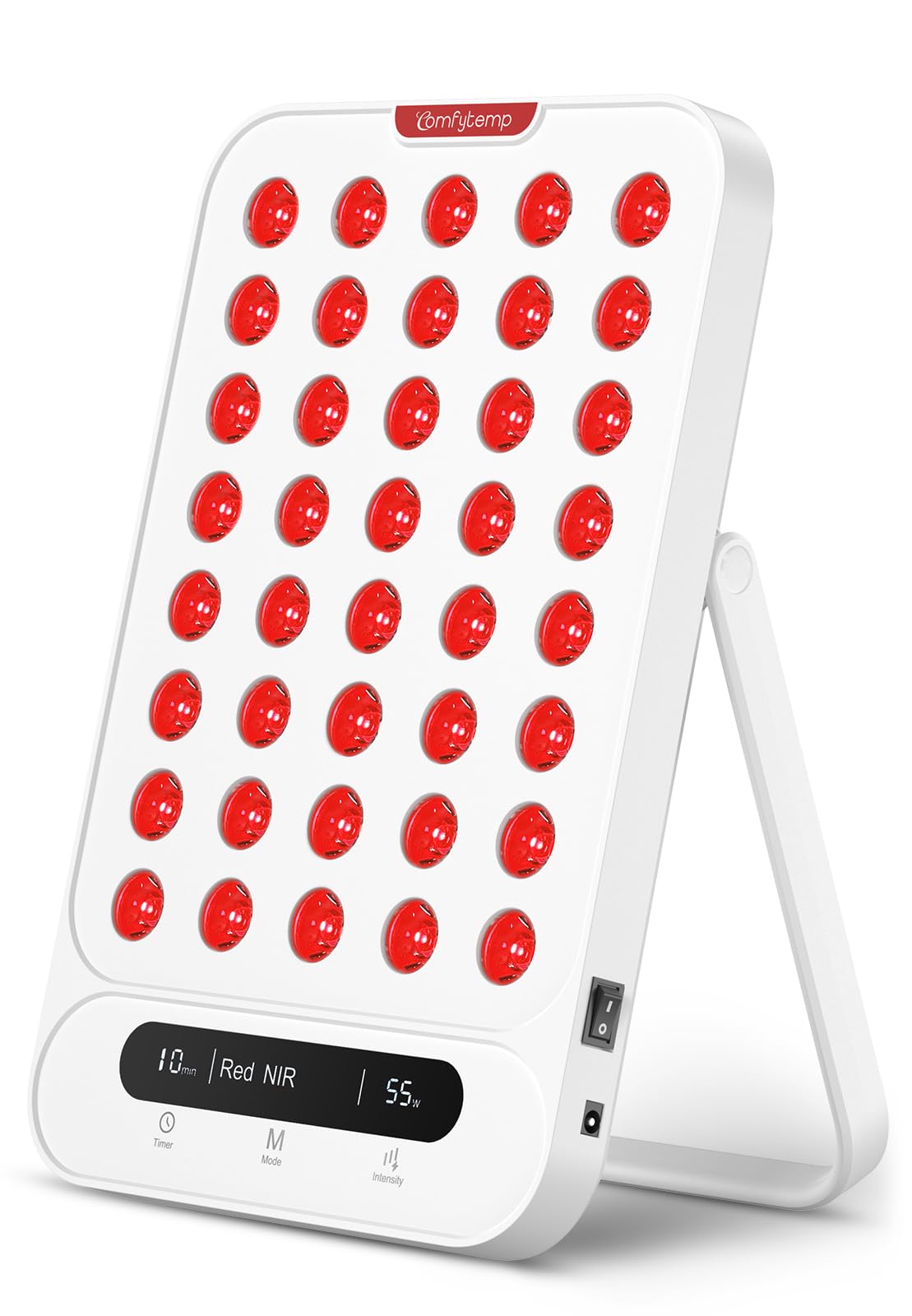 Panneau Comfytemp éclairage rouge sur le visage pour routine détente efficace.