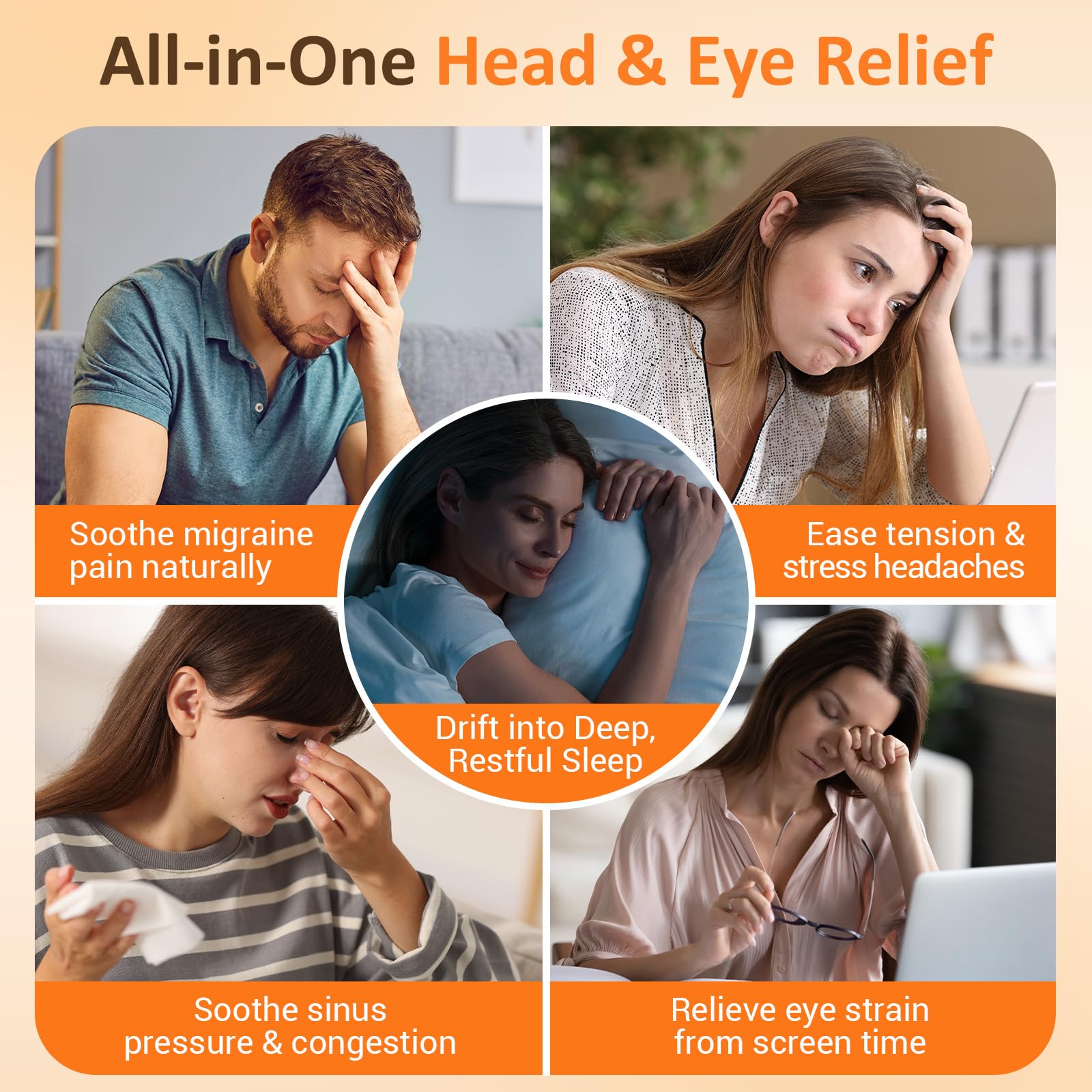 Relief migraine 360 degrés avec Comfytemp sur le front et les tempes.