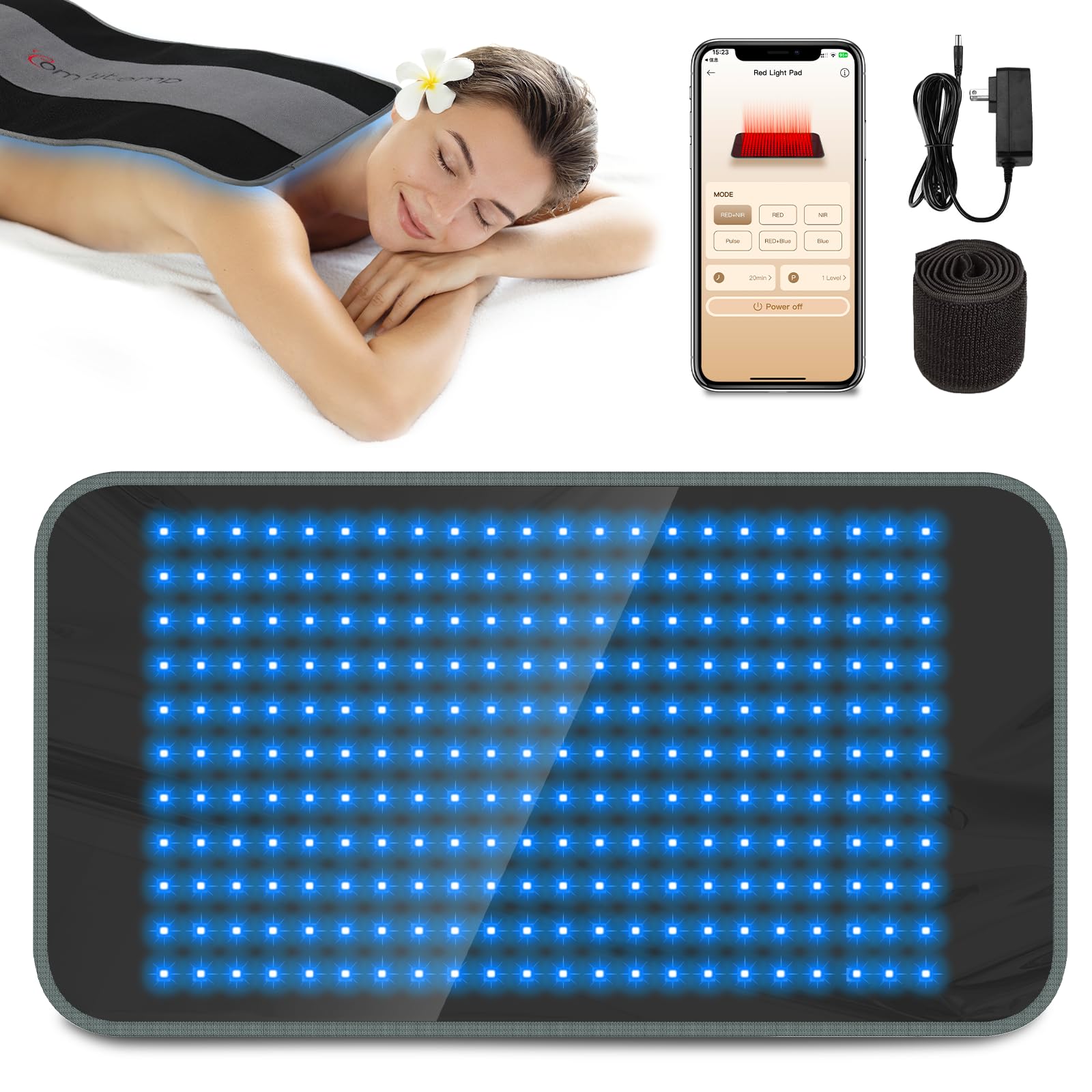 Comfytemp tapis lumière rouge et bleue pour relaxation corporelle.