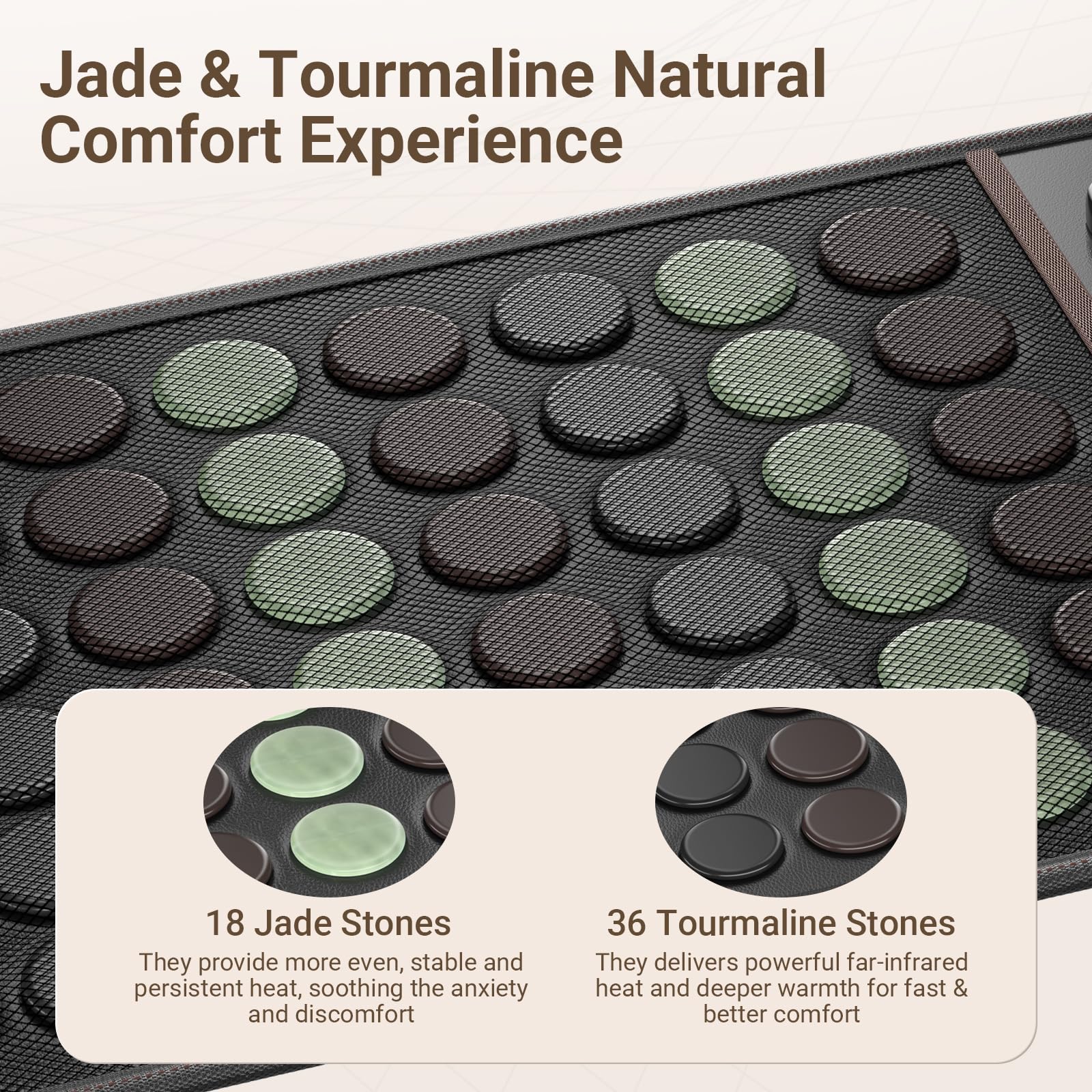 Jade et tourmaline intégrés libérant une chaleur stable et enveloppante.