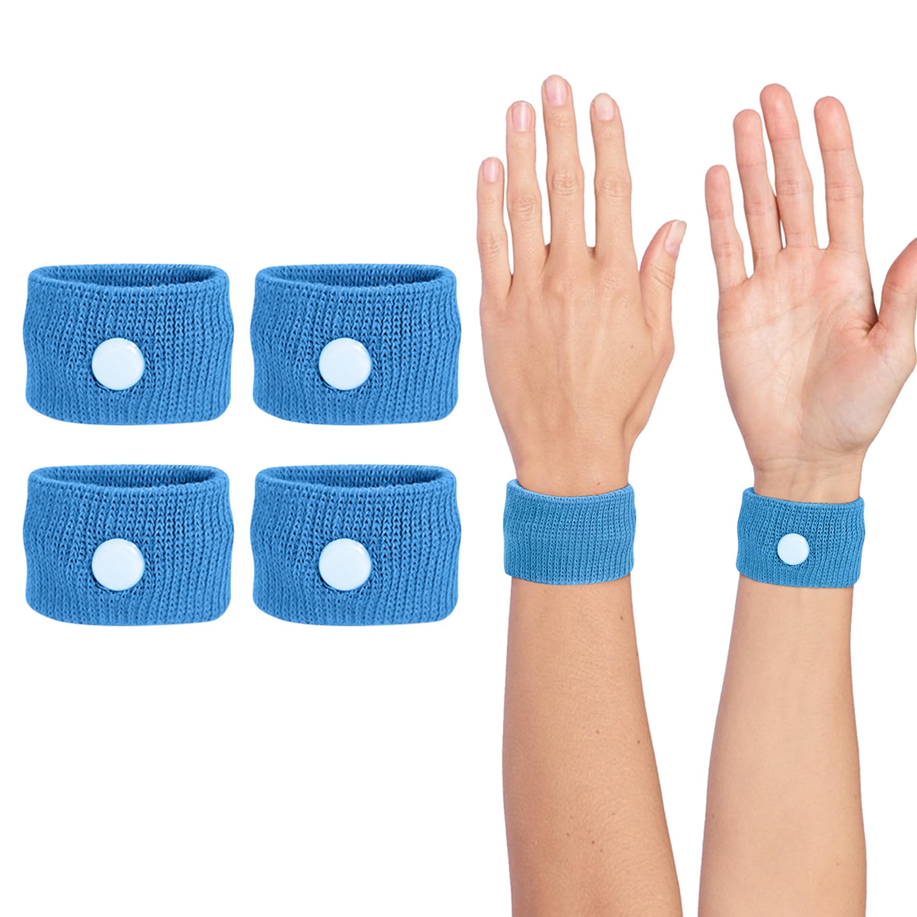 Bracelet COMFYTHERA anti-nausée porté au poignet, utile pour les voyages en voiture ou avion.