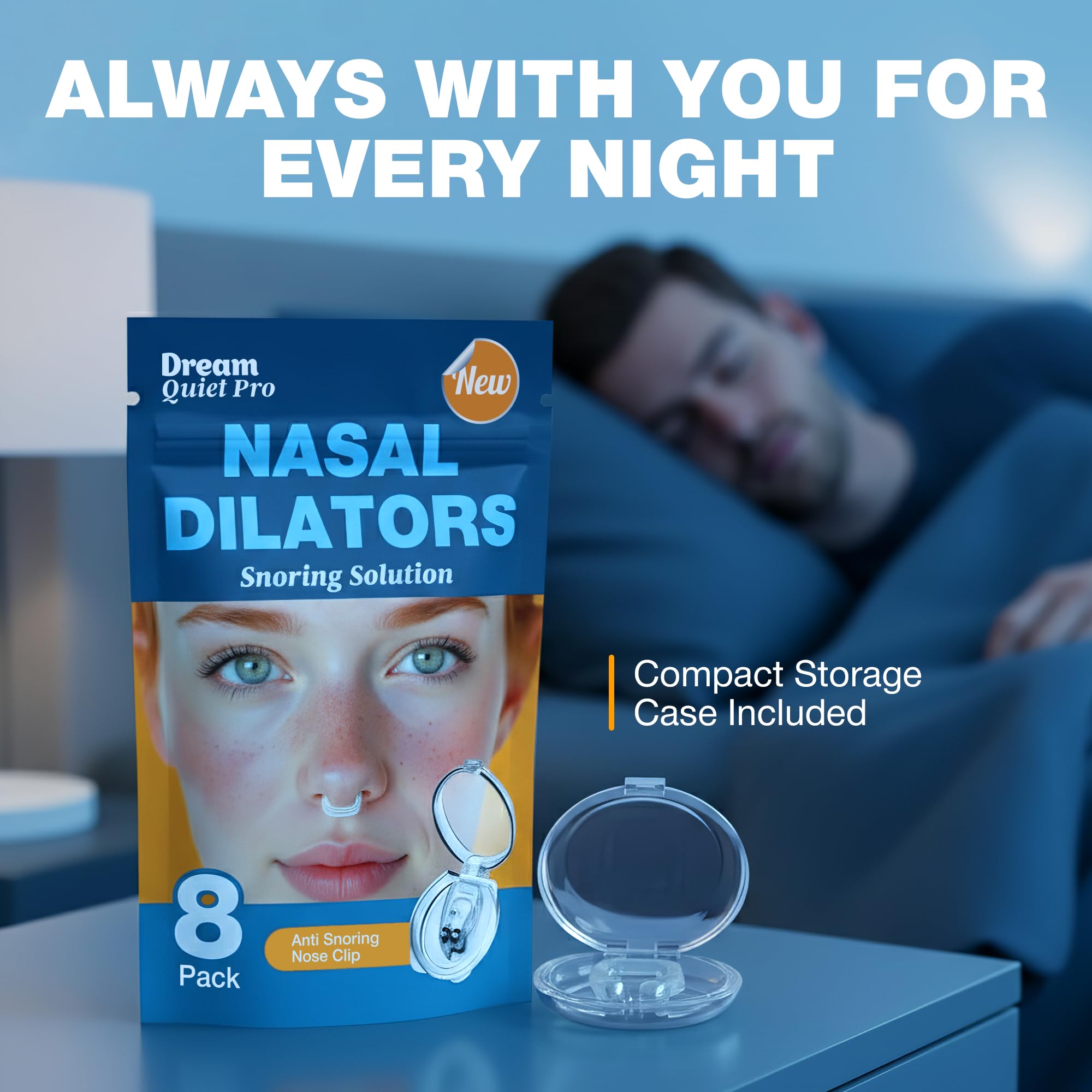 Utilisation nocturne des pinces nasales Commanding Life pour une respiration calme.