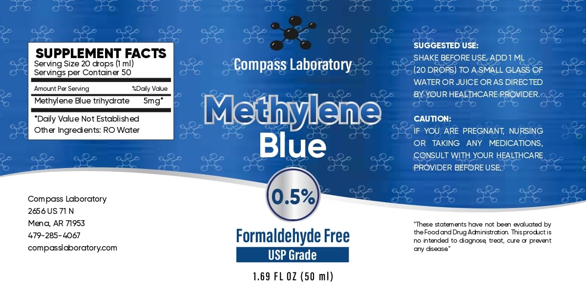 Bleu de méthylène COMPASS LABORATORY avec goutte-dispense pour dosage précis.