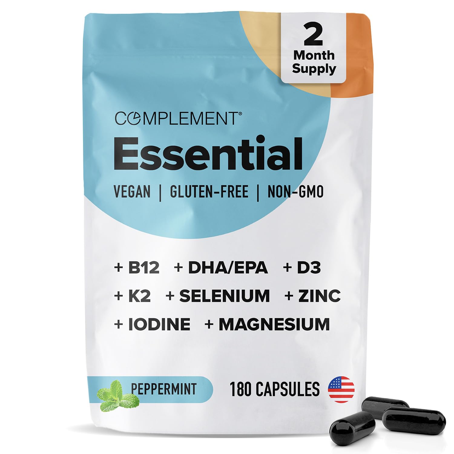 Complement Essentiel – bouteille: multivitamines véganes pour énergie et vitalité.