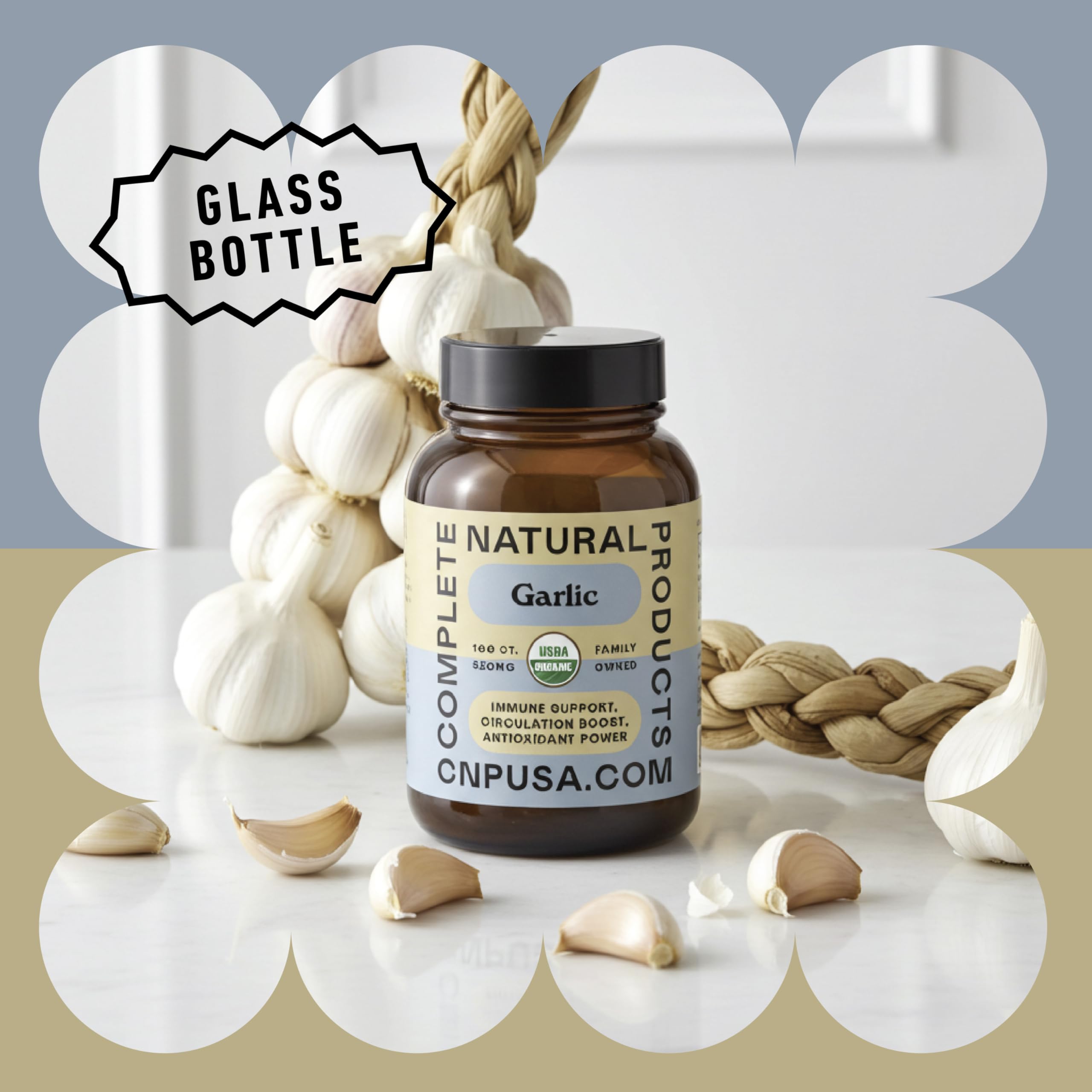Capsules d’ail bio Complete Natural Products montrant la poudre d’ail pure.