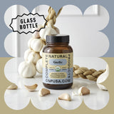 Capsules d’ail bio Complete Natural Products montrant la poudre d’ail pure.