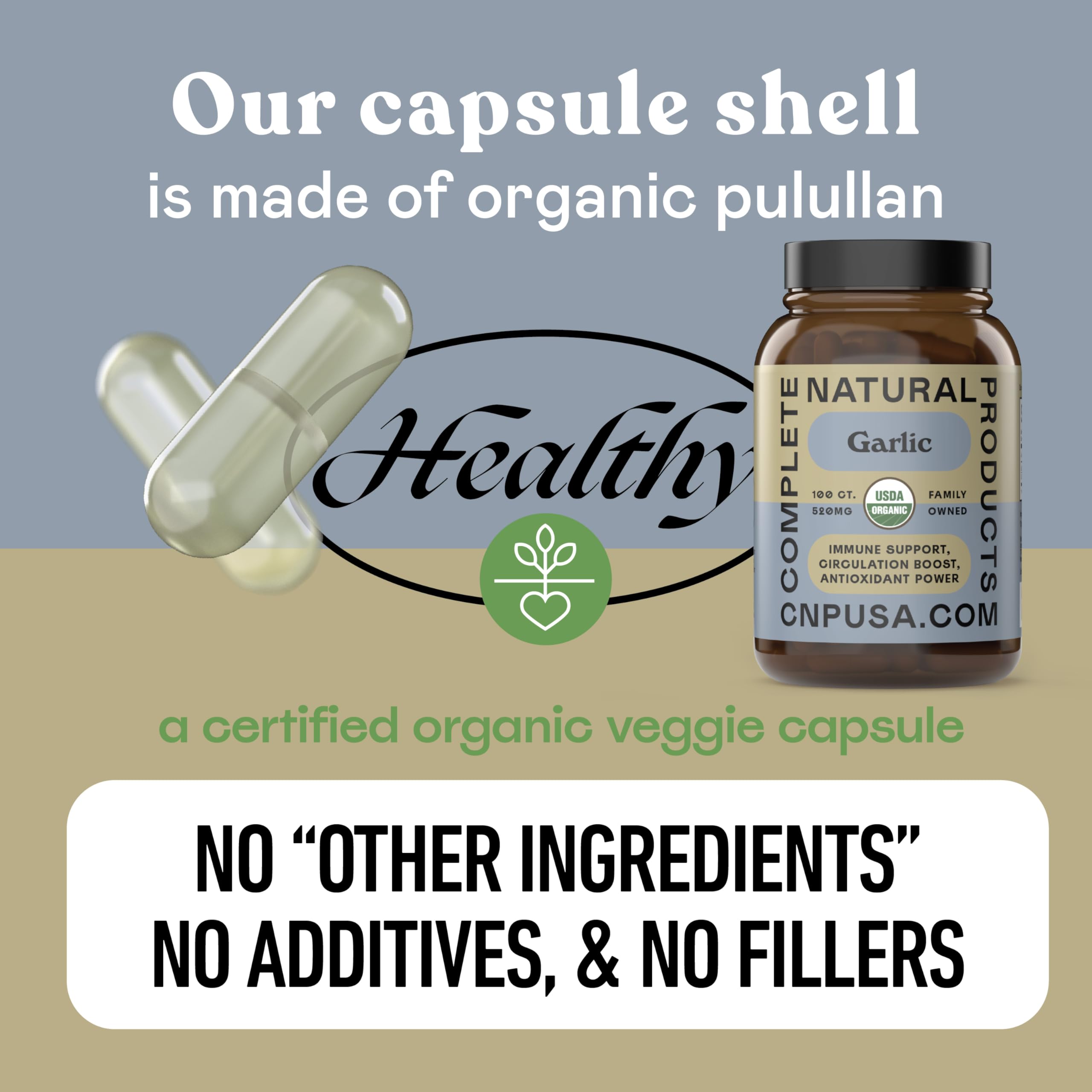 Gros plan sur les capsules ail bio Complete Natural Products.