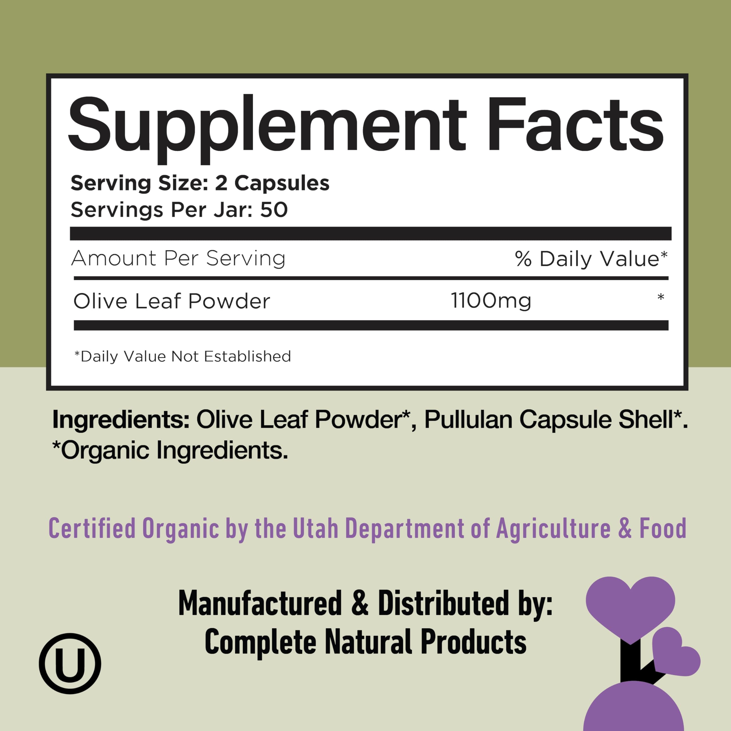 Complete Natural Products – petite boîte avec 100 capsules d'extrait d'olivier biologique.