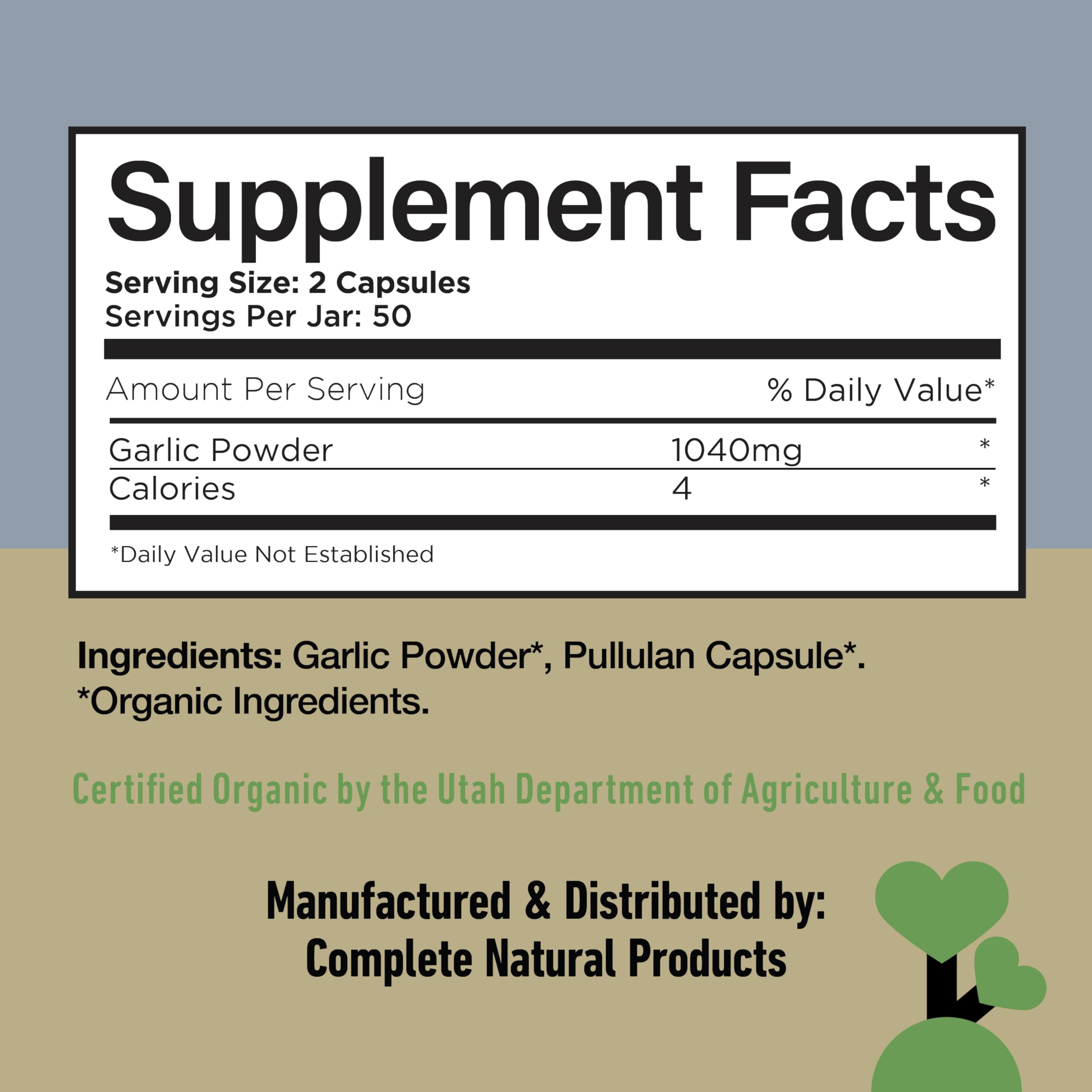 Certifications bio et sans OGM sur les gélules Complete Natural Products ail bio.