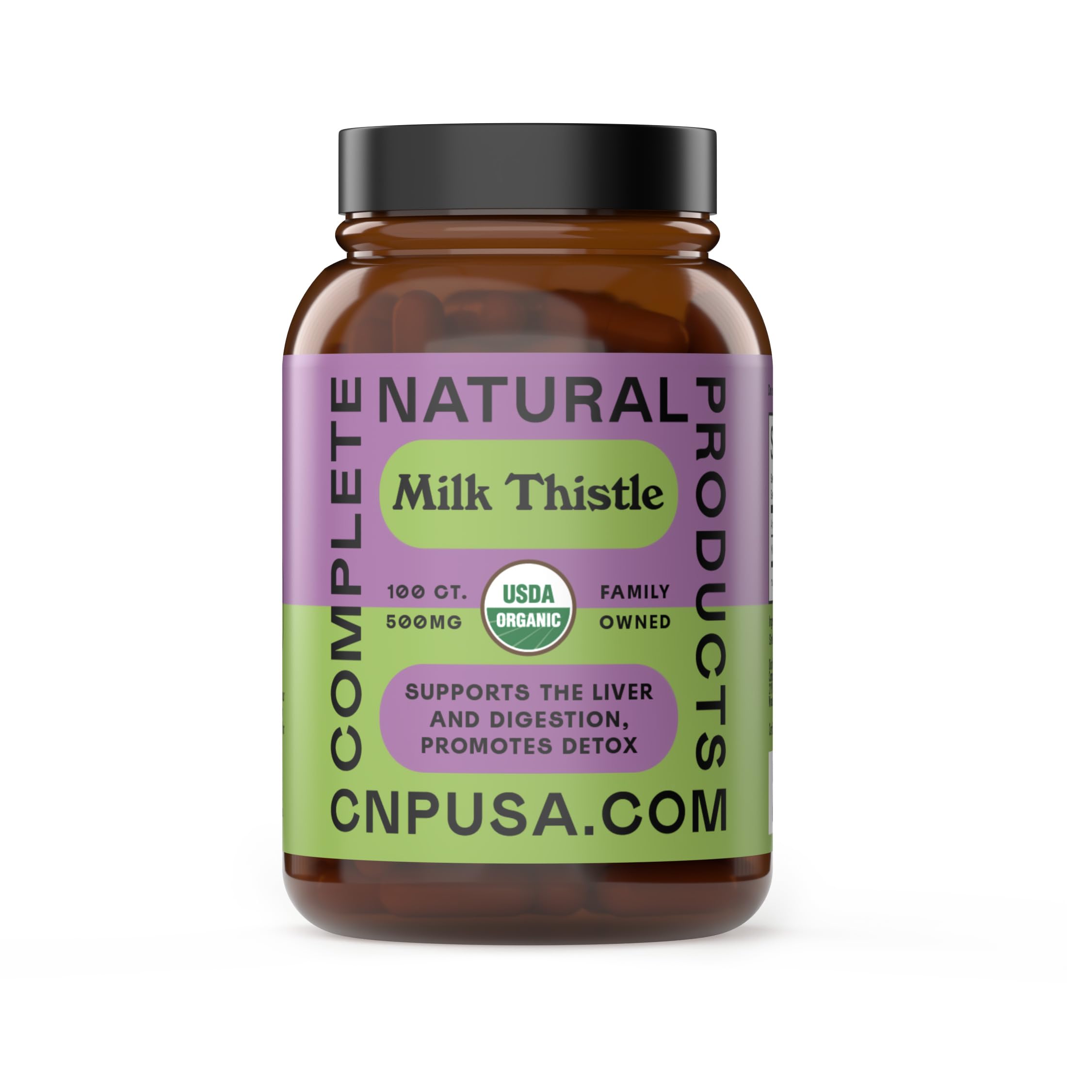 Capsules chardon-marie Complete Natural Products dans une bouteille en verre, pratique et naturel.