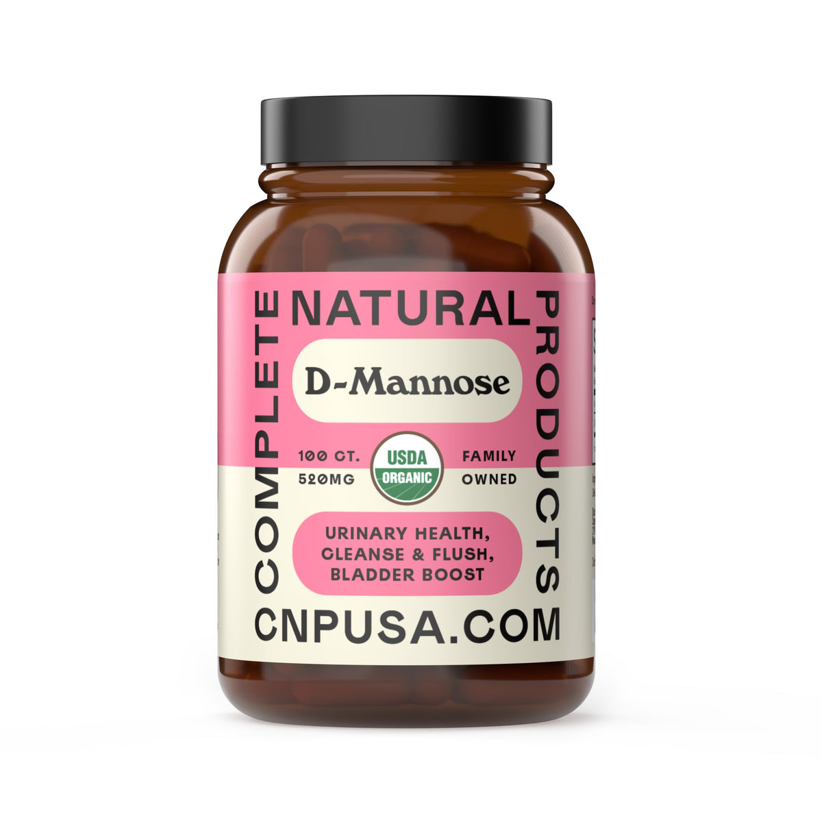 Complete Natural Products D Mannose 520 mg – capsules pour soutien potentiel de la santé urinaire.