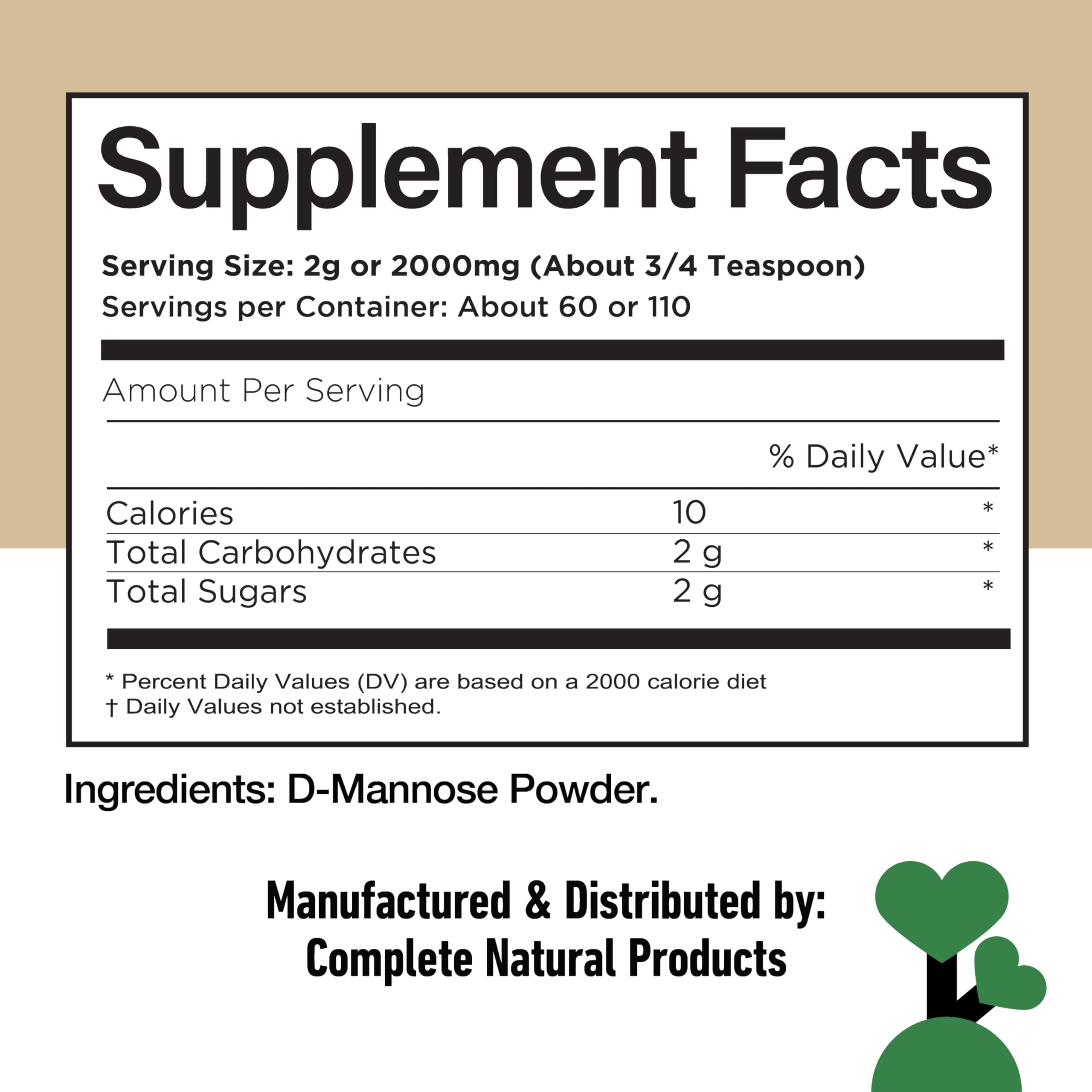 Complete Natural Products D Mannose, sans additifs et sans gluten pour une consommation claire.
