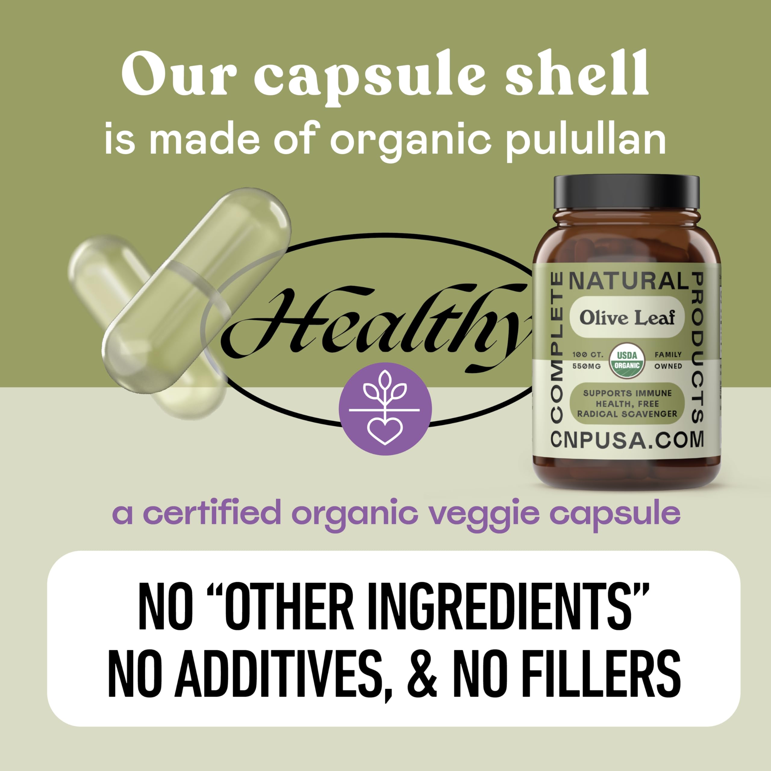 Complete Natural Products – emballage fabriqué aux Etats-Unis, capsules d'olivier vegan.