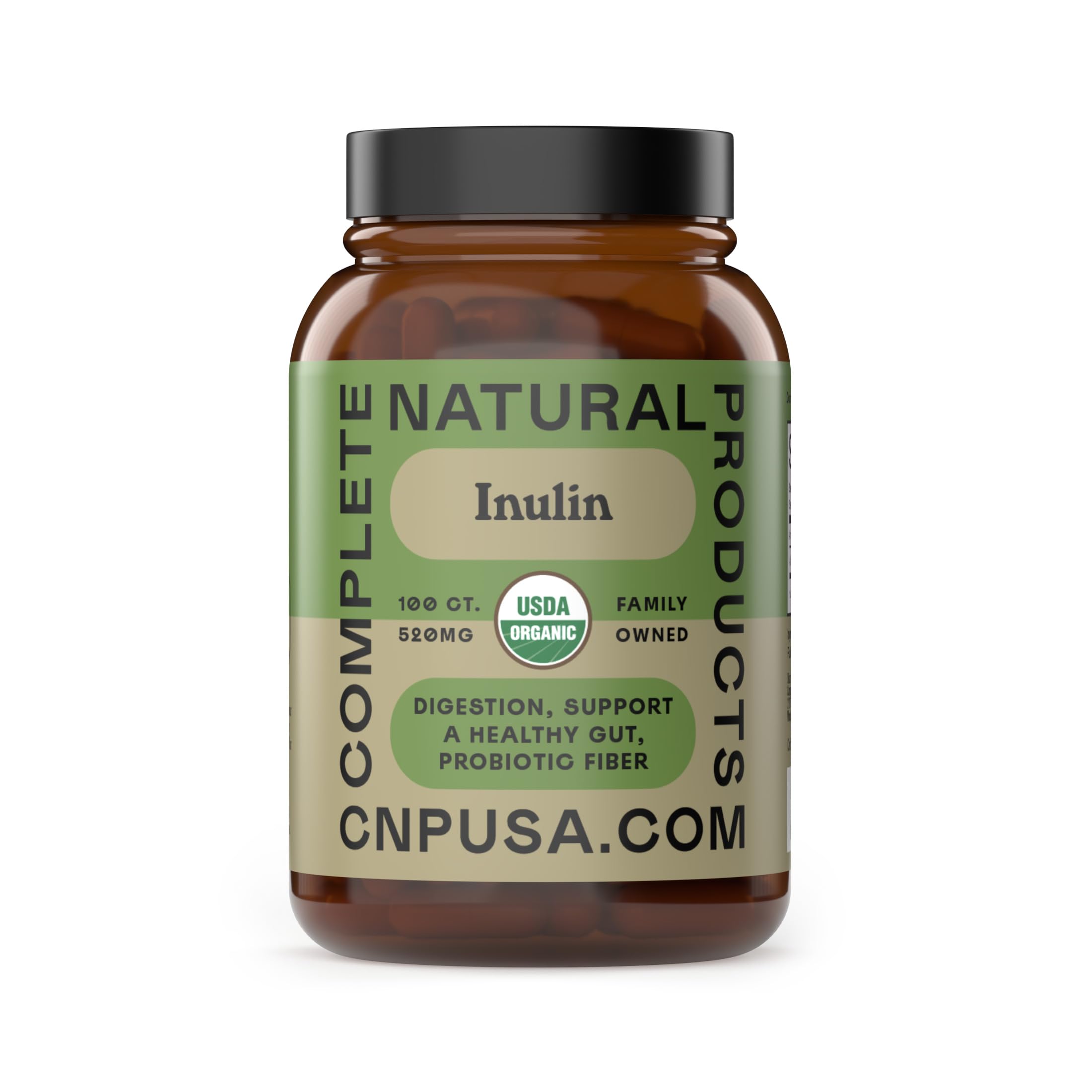 Complete Natural Products inuline capsules 520mg, boîte et étiquette visibles, pratique pour fibre quotidienne