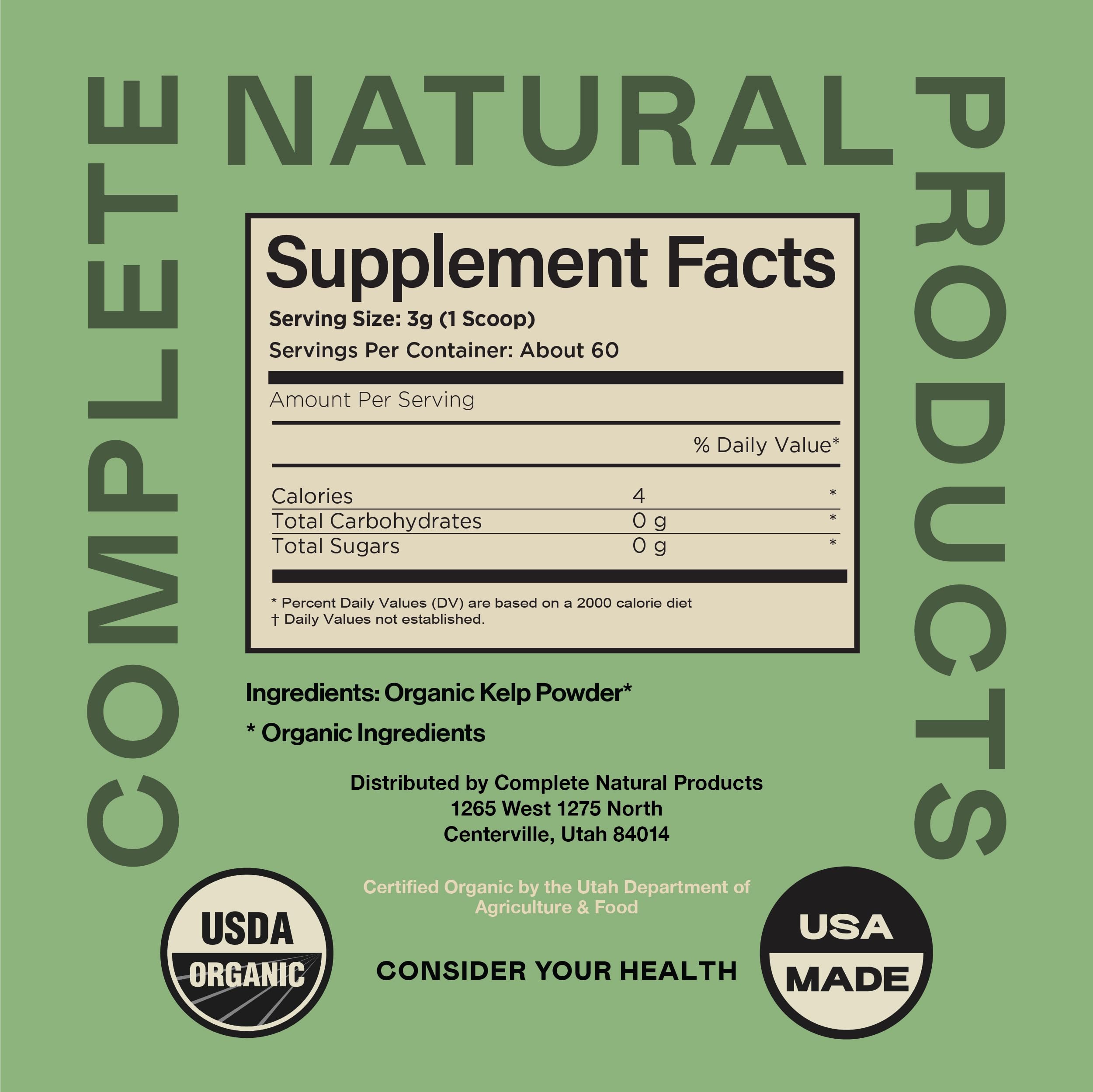 Complete Natural Products Poudre kelp et doseuse, pratique pour une portion quotidienne.