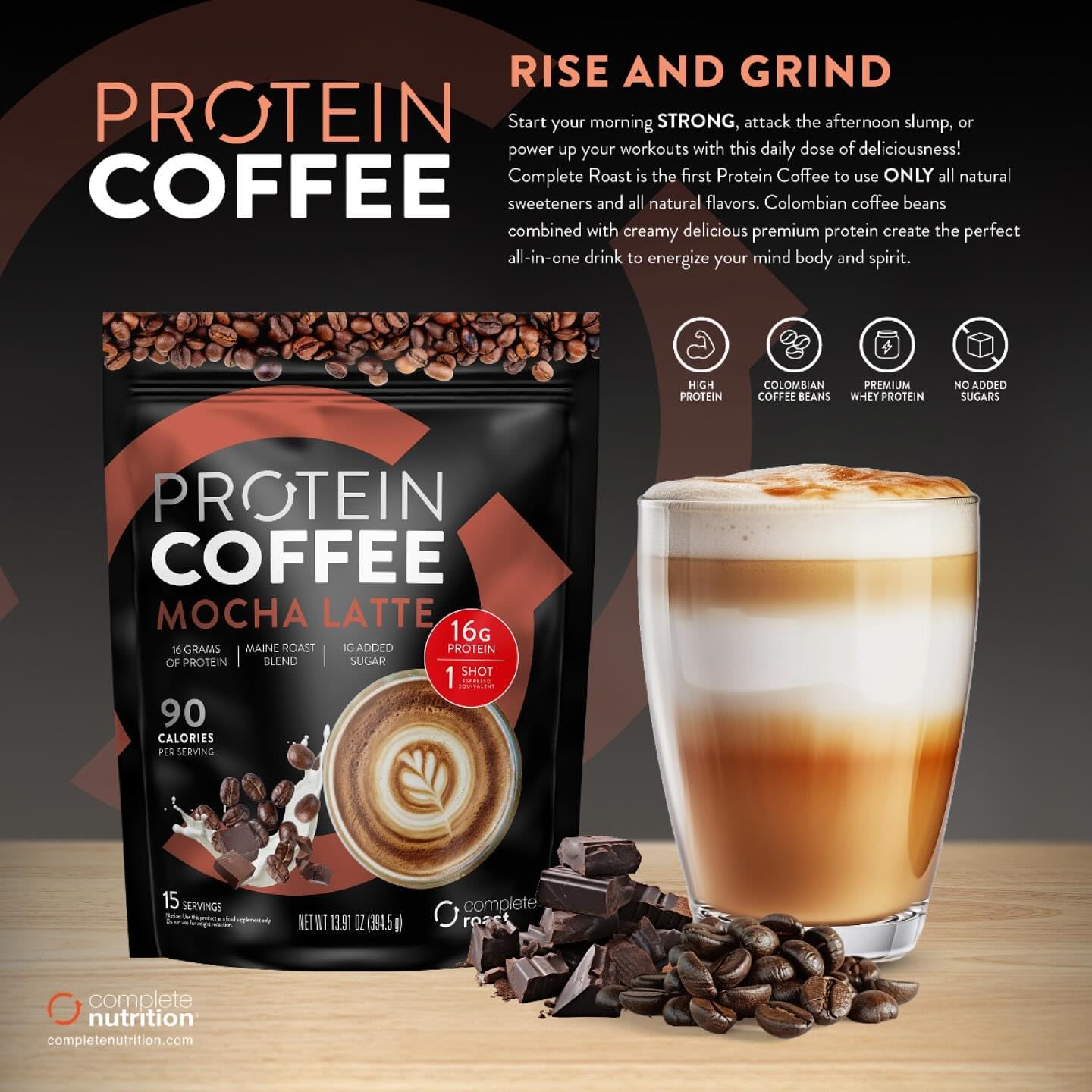 Complete Nutrition Complete Roast Mocha Latte tasse moka – idéal comme rituel matinal café-protéine