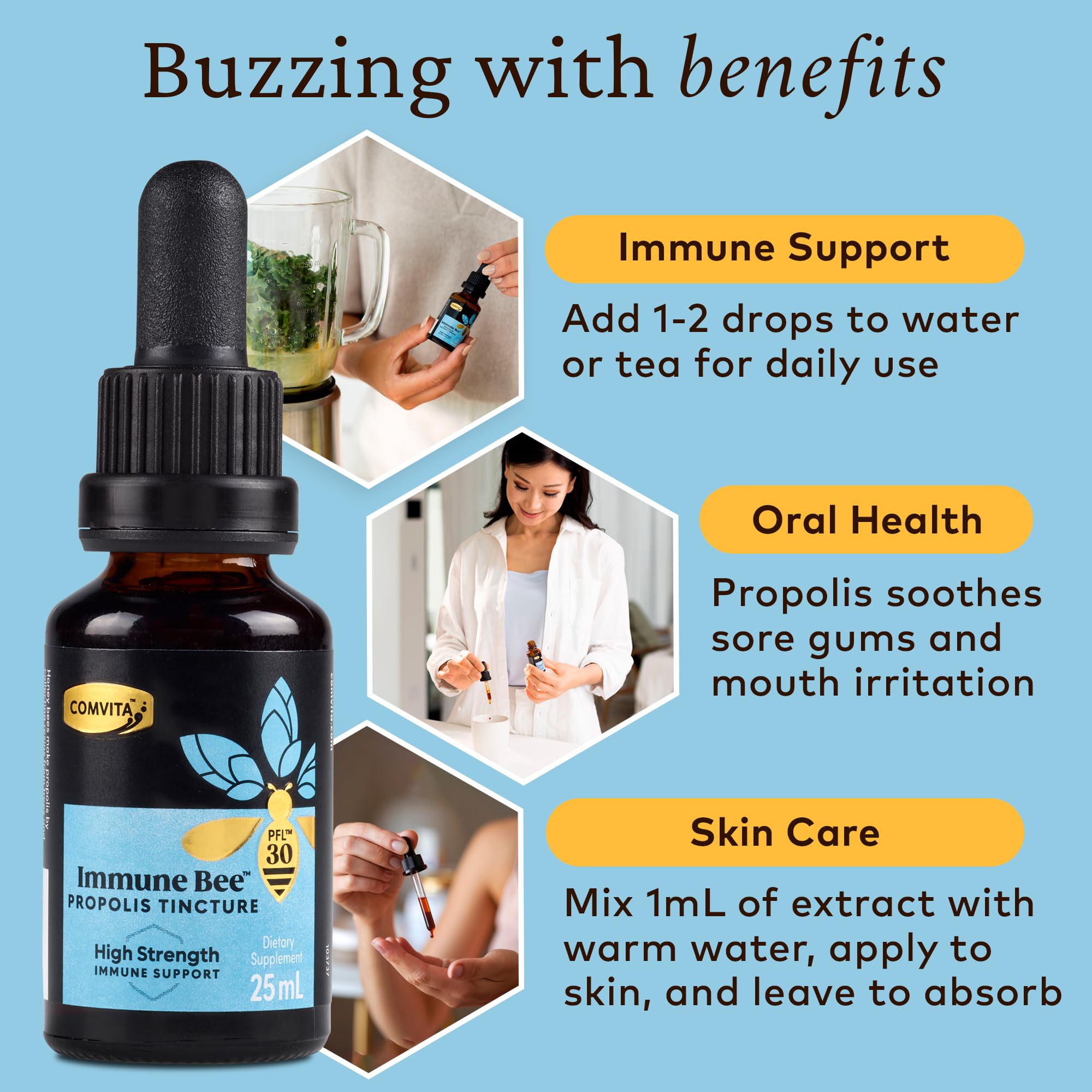 Extrait Propolis Comvita, liquide facile à diluer pour un rinçage naturel.