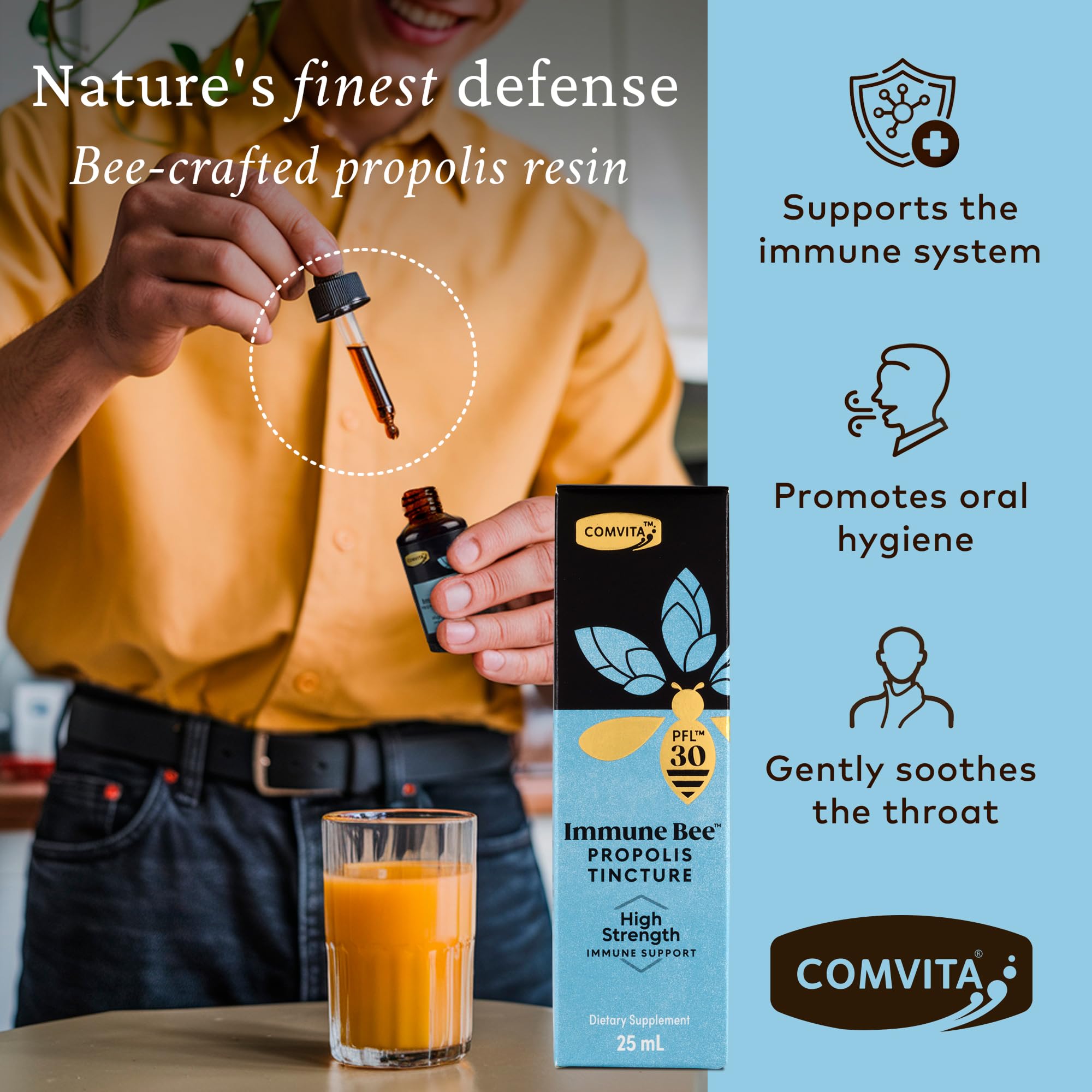 Gouttes Propolis Comvita, usage buccal pratique pour le confort quotidien.
