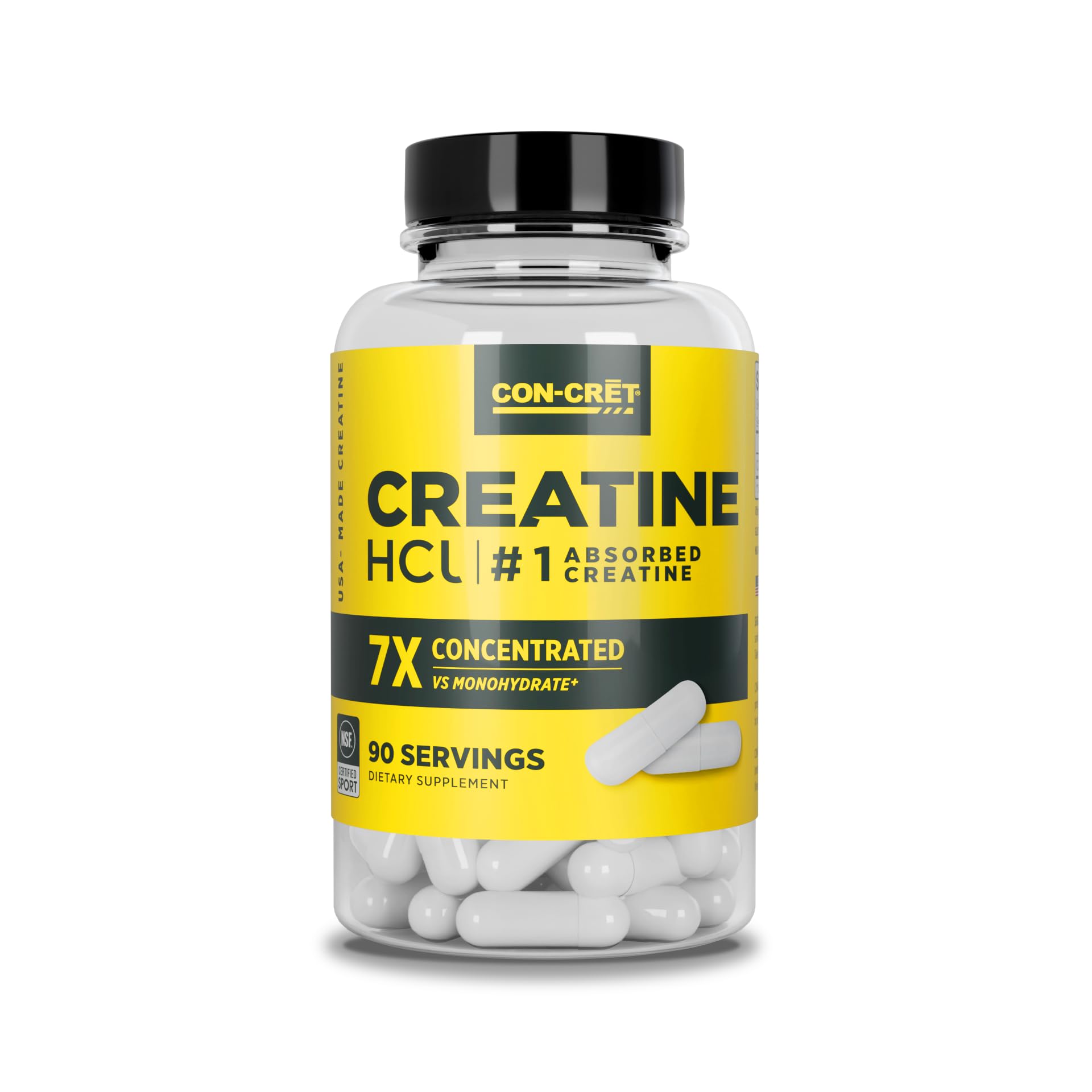 CON-CRET Creatine HCl capsules dans la bouteille, énergie cellulaire soutenue lors des entraînements.