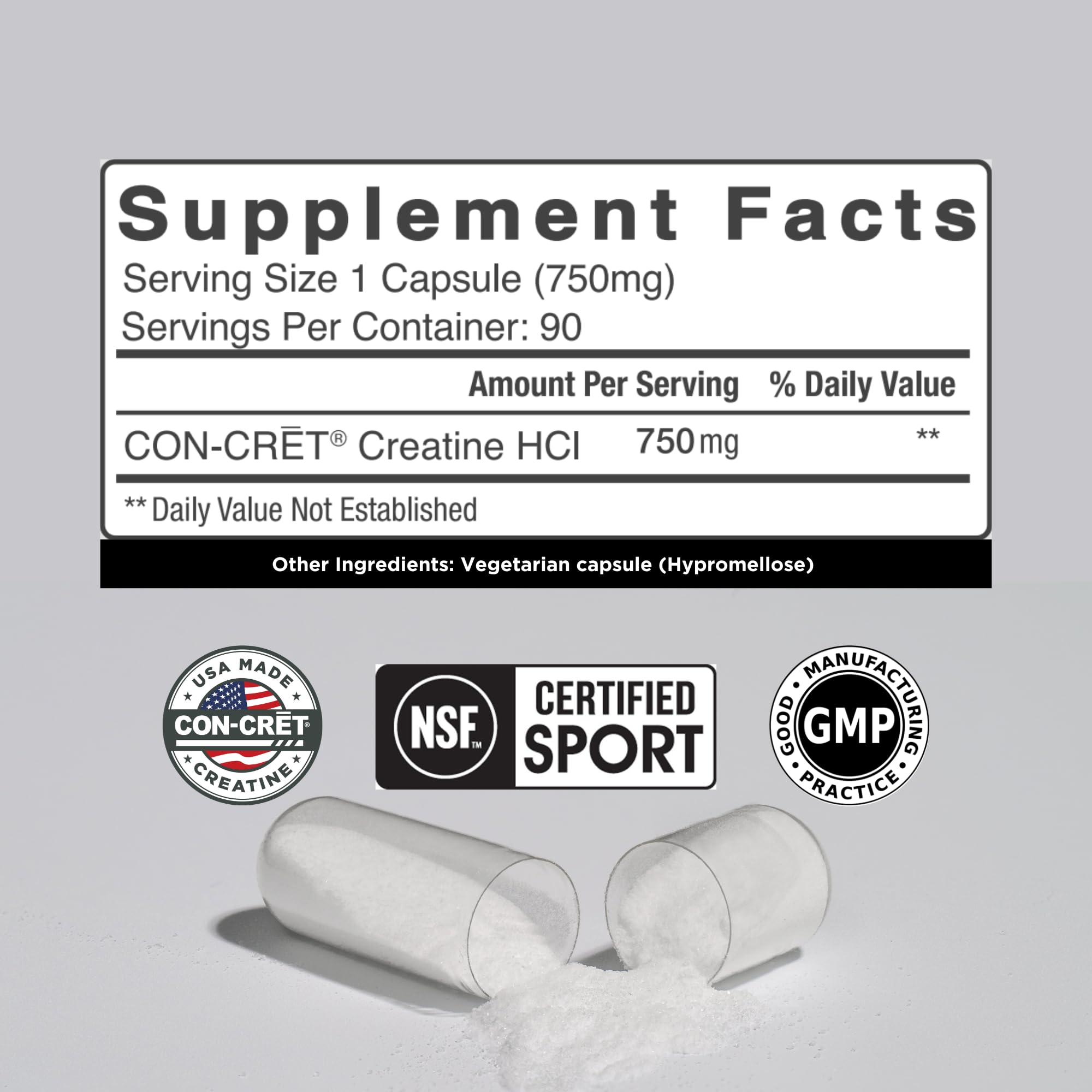 Étiquette CON-CRET claire indique dosage et origine USA pour chaque capsule.