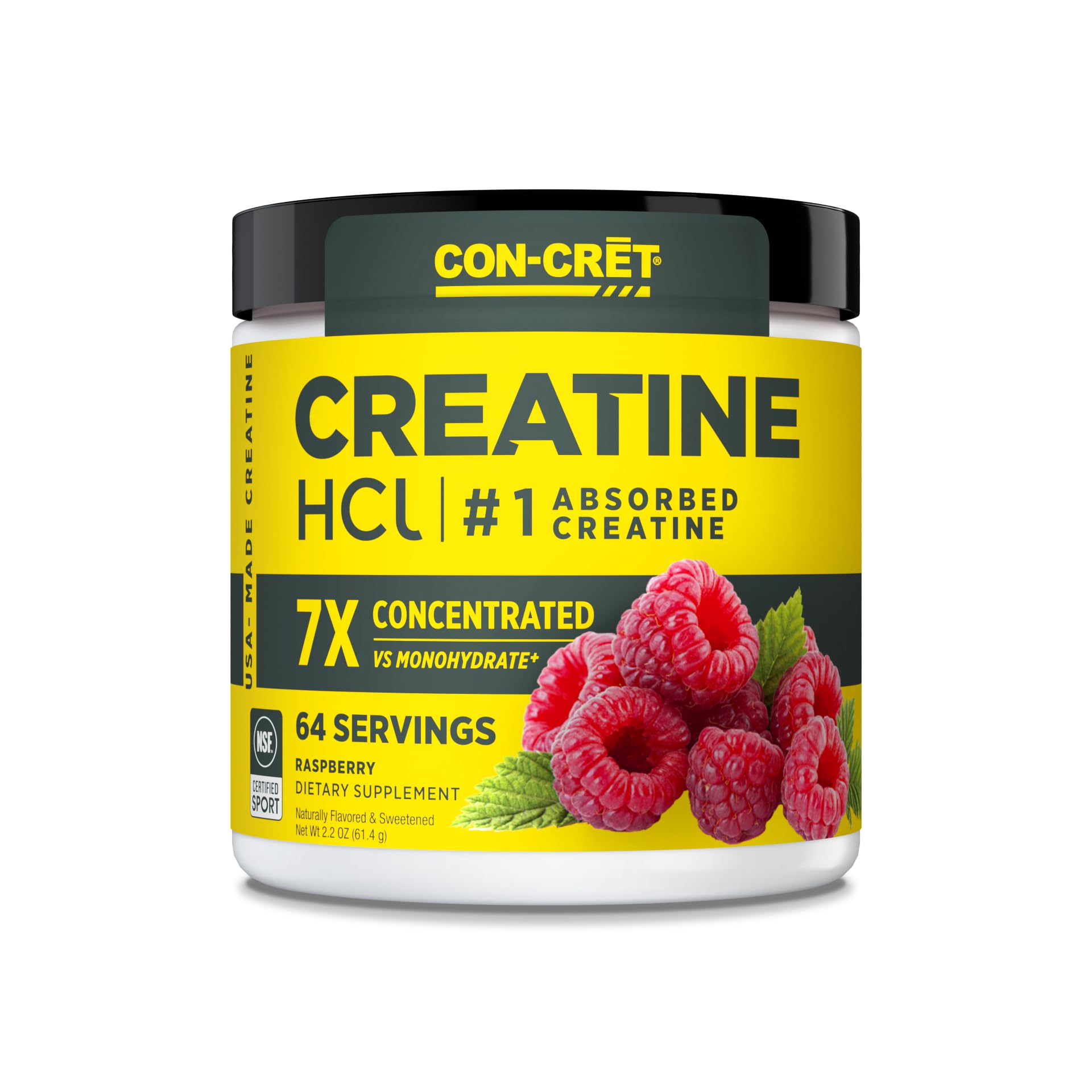 Bouteille CON-CRET Creatine HCl Poudre framboise, énergie potentielle et solubilité élevée.
