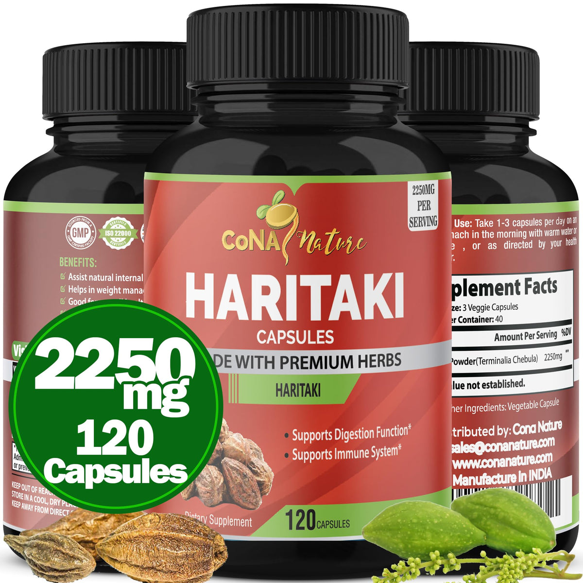 Cona Nature Haritaki gélules en bouteille, soutien potentiel du système immunitaire.