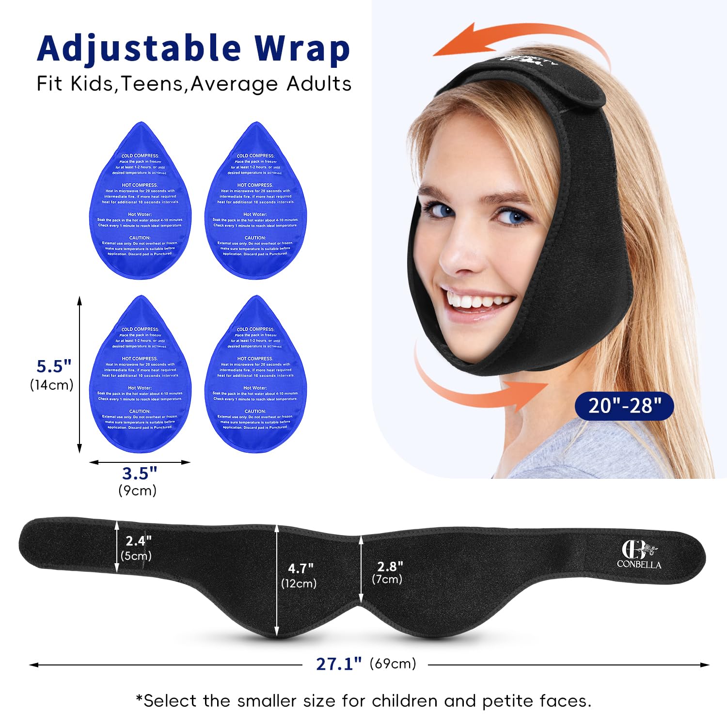 Poches internes du bandeau CONBELLA pour packs de gel, maintien sécurisé.