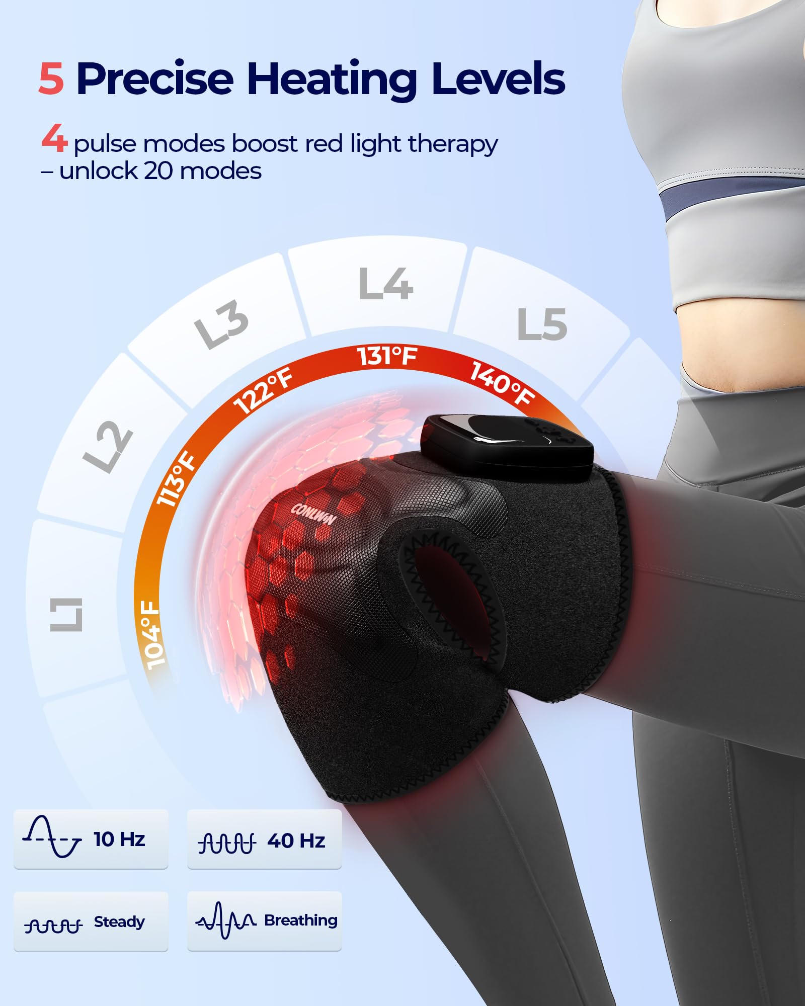 CONLWIN genou masseur, thermothérapie intégrée, chaleur ajustable pour confort post-travail.