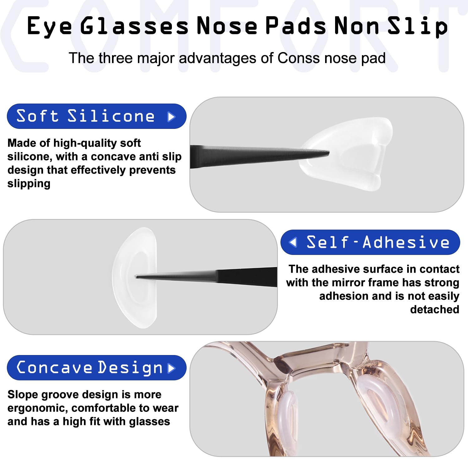 Consss plaquettes nez confort ergonomique pour un port quotidien sans glissements.
