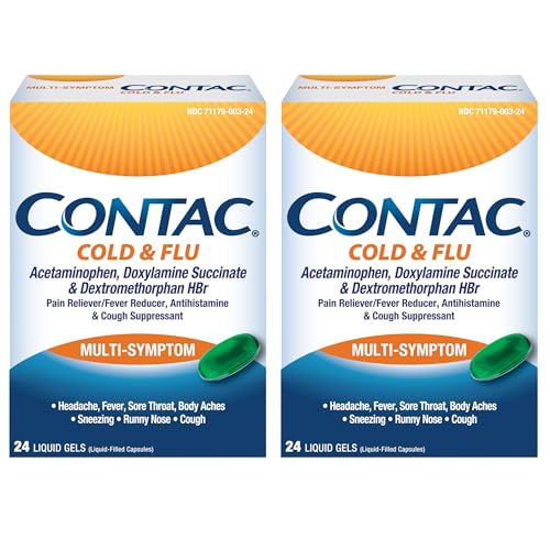 Contac Gels Multi-Symptômes, bouteille prête à soulager vos symptômes du rhume.