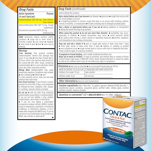 Contac Gels Multi-Symptômes, emballage prêt à être rangé dans la salle de bain.