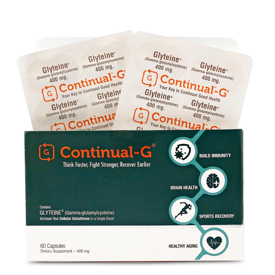 Bouteille CONTINUAL - G Glyteine 400 mg avec capsules visibles, soutien antioxydant potentiel.