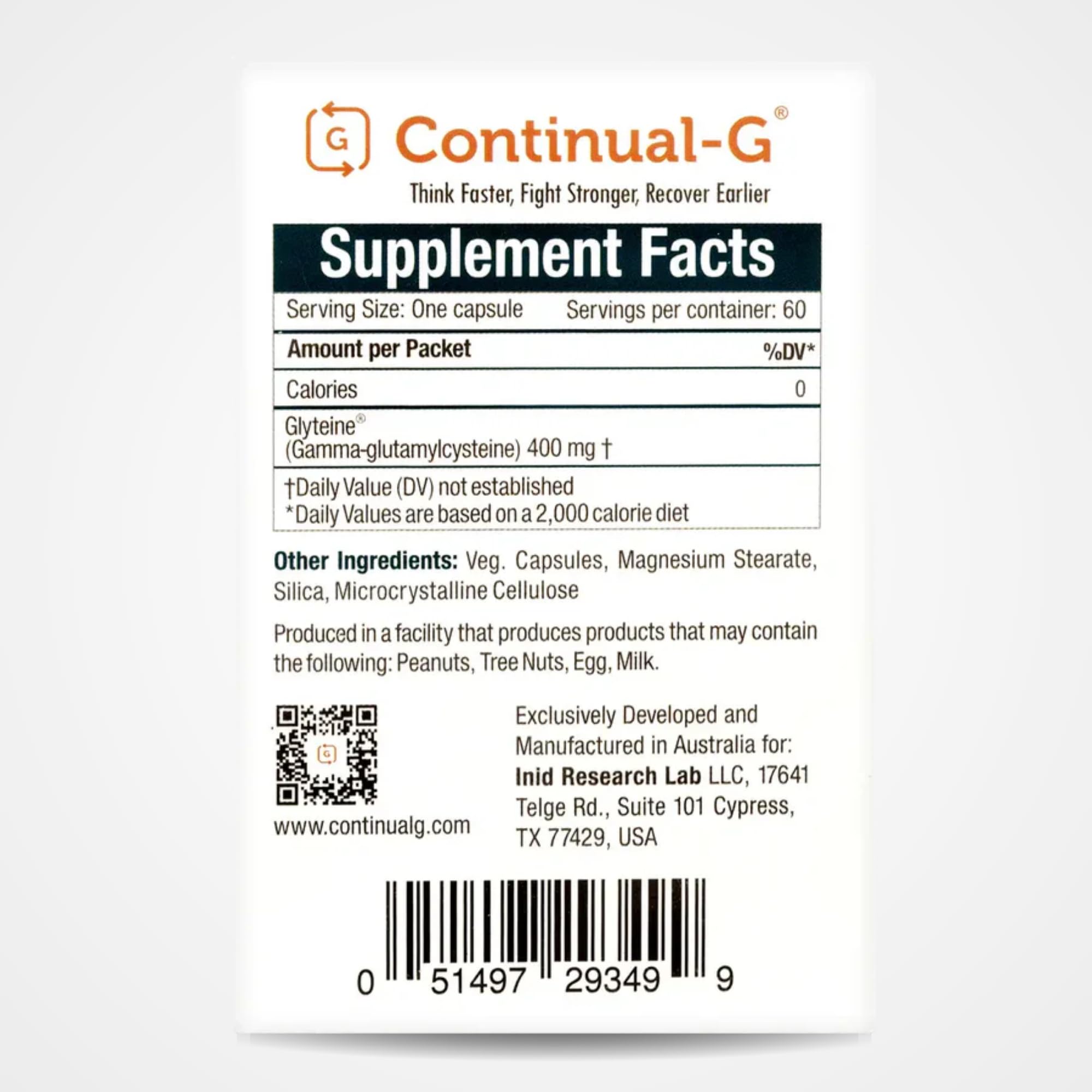Capsules CONTINUAL - G Glyteine 400 mg en gros plan.
