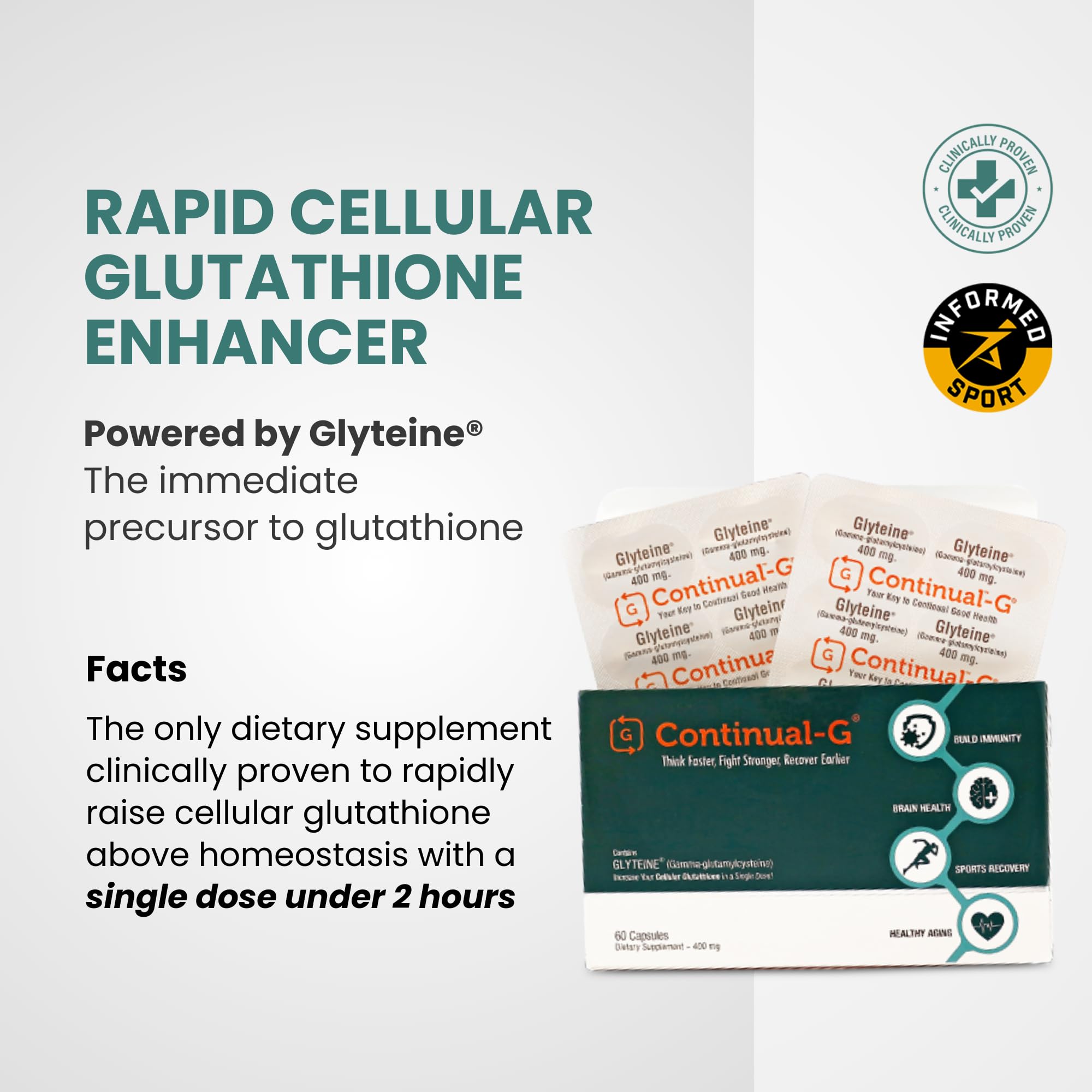 Capsules CONTINUAL - G Glyteine 400 mg sur planche et verre d’eau.