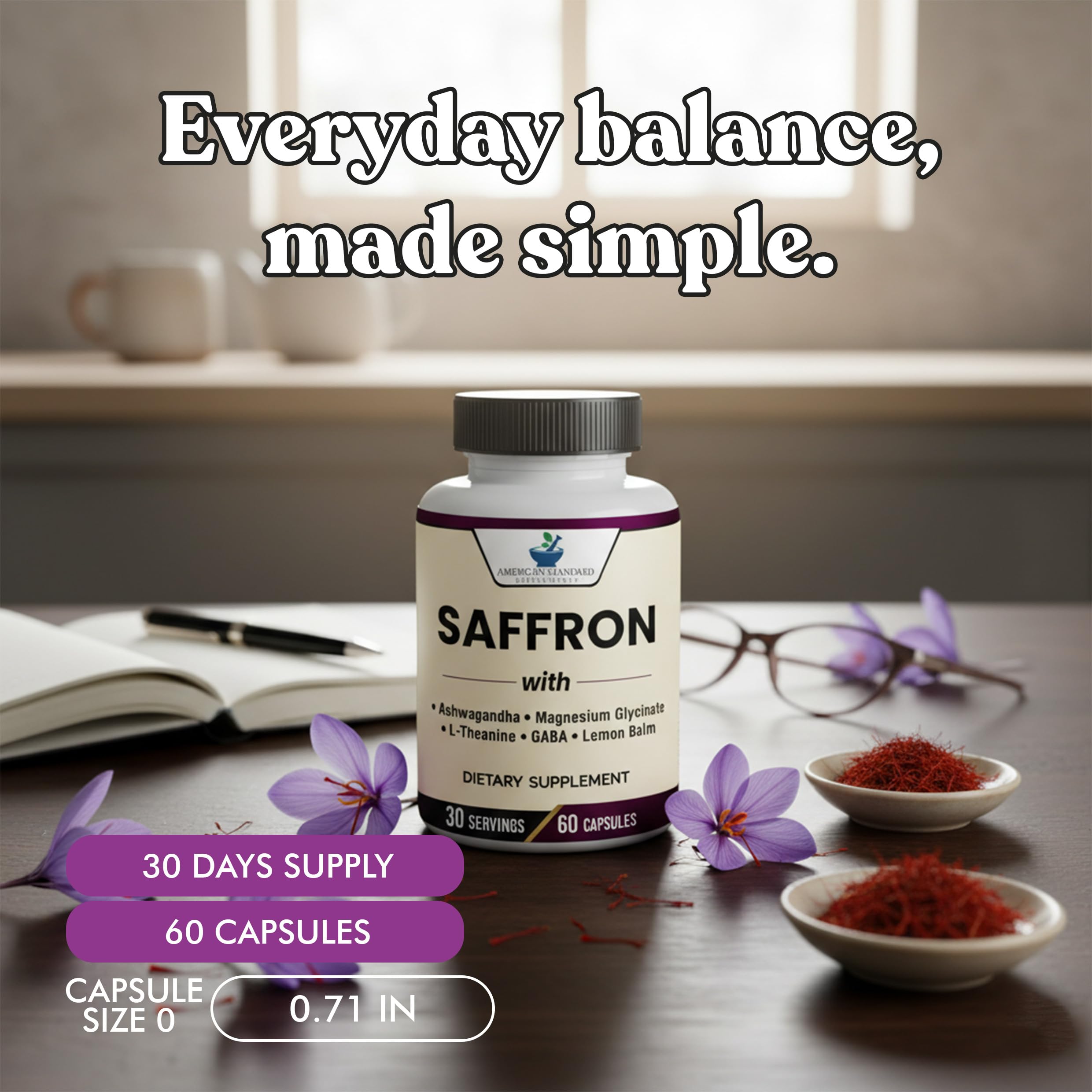 Ingrédients standardisés safran avec safranal et crocins pour pureté.