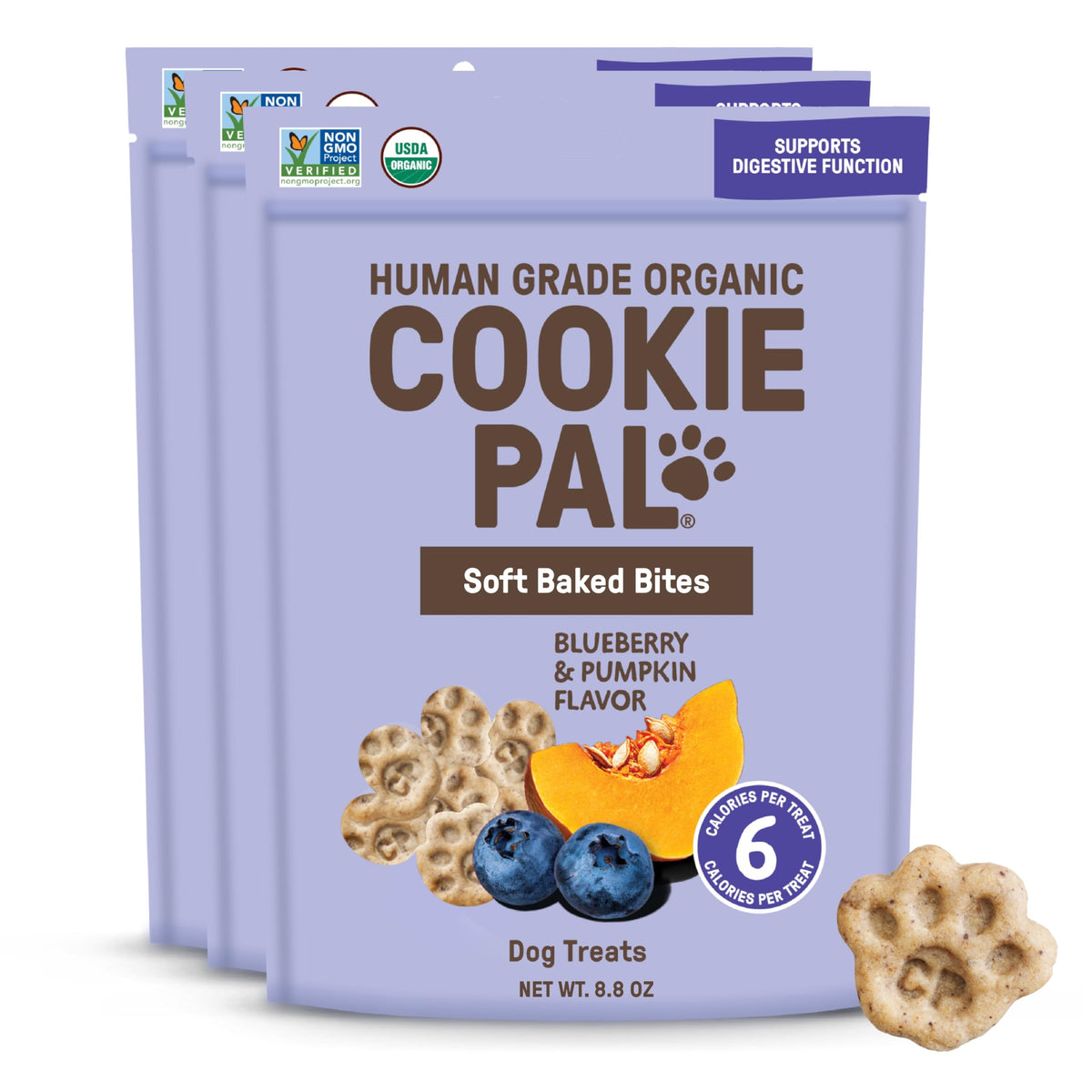 CookiePal friandises bio pour chiens, citrouille et myrtille, emballage pratique.
