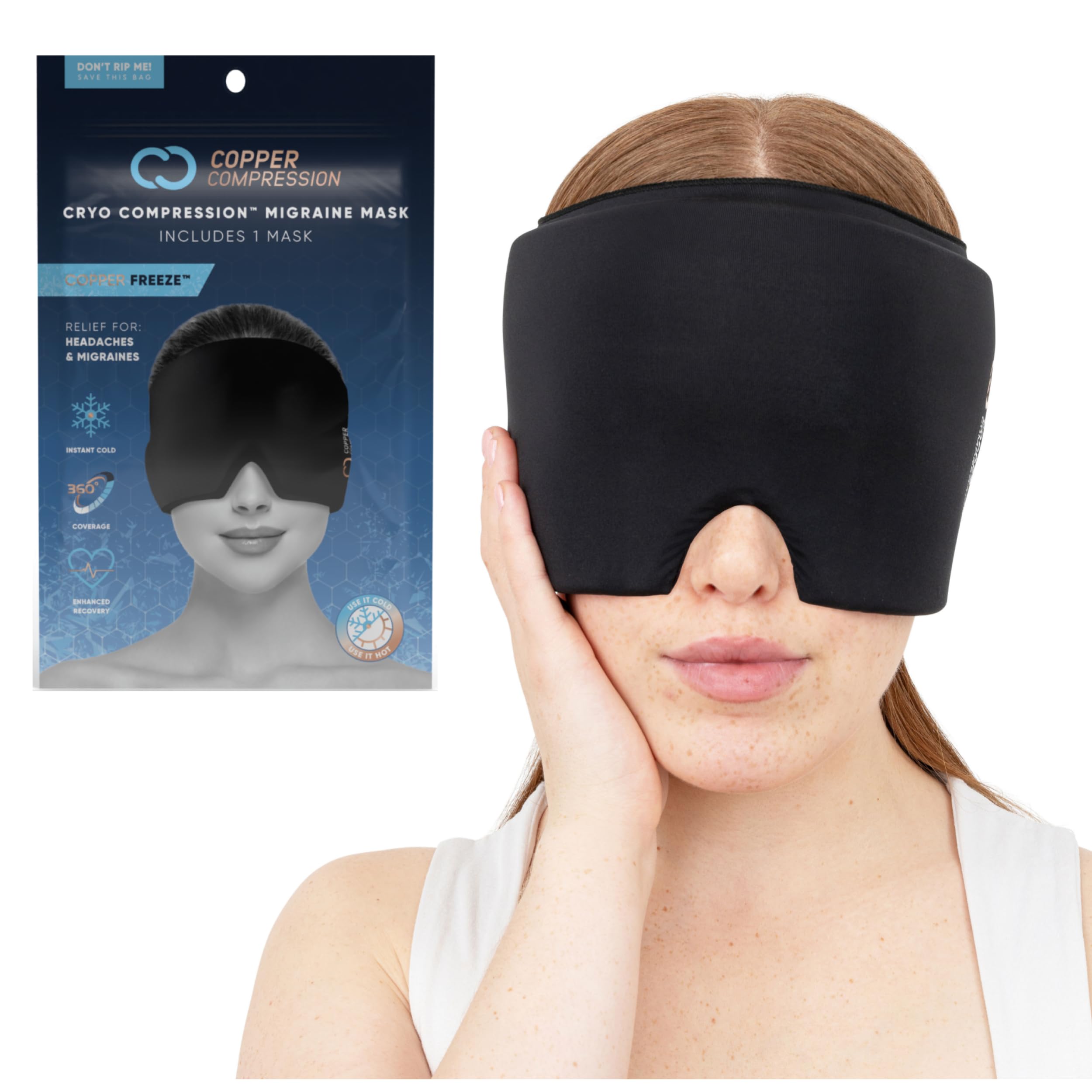 CopperFreeze de Copper Compression, masque migraine 360°, refroidissement ciblé et pratique.