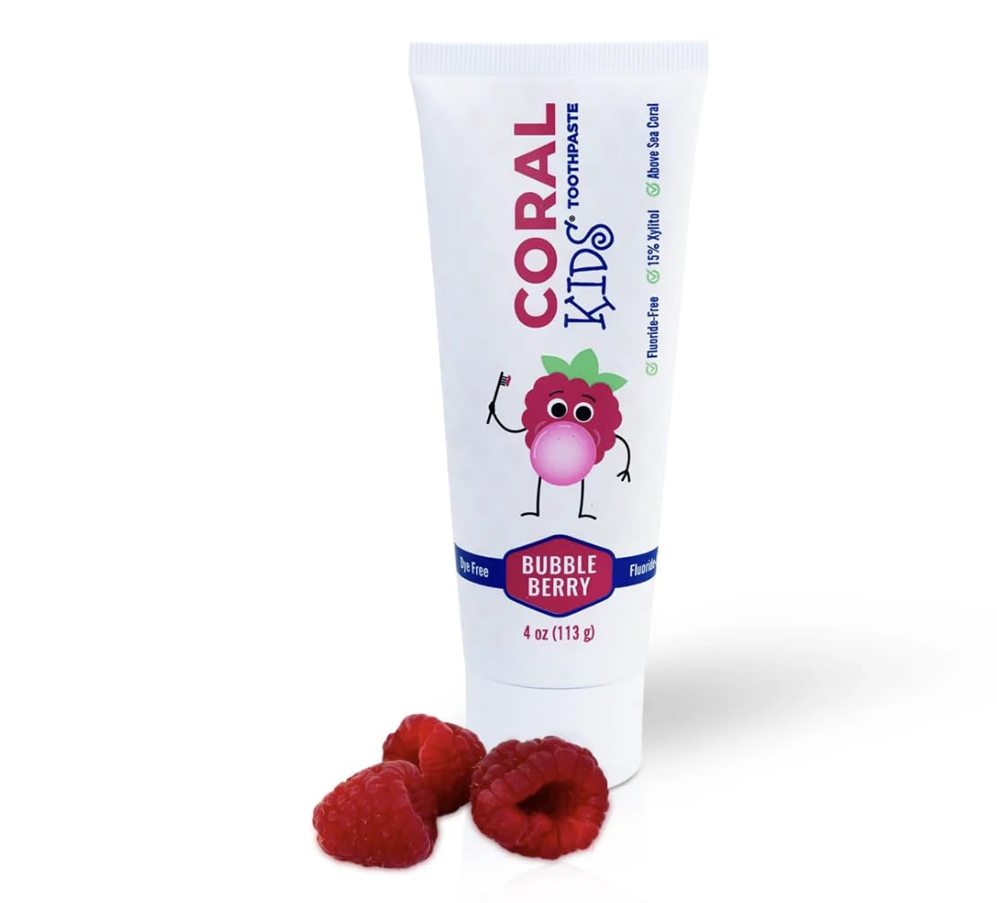 Dentifrice Coral White enfant au goût framboise bulles, brossage agréable.