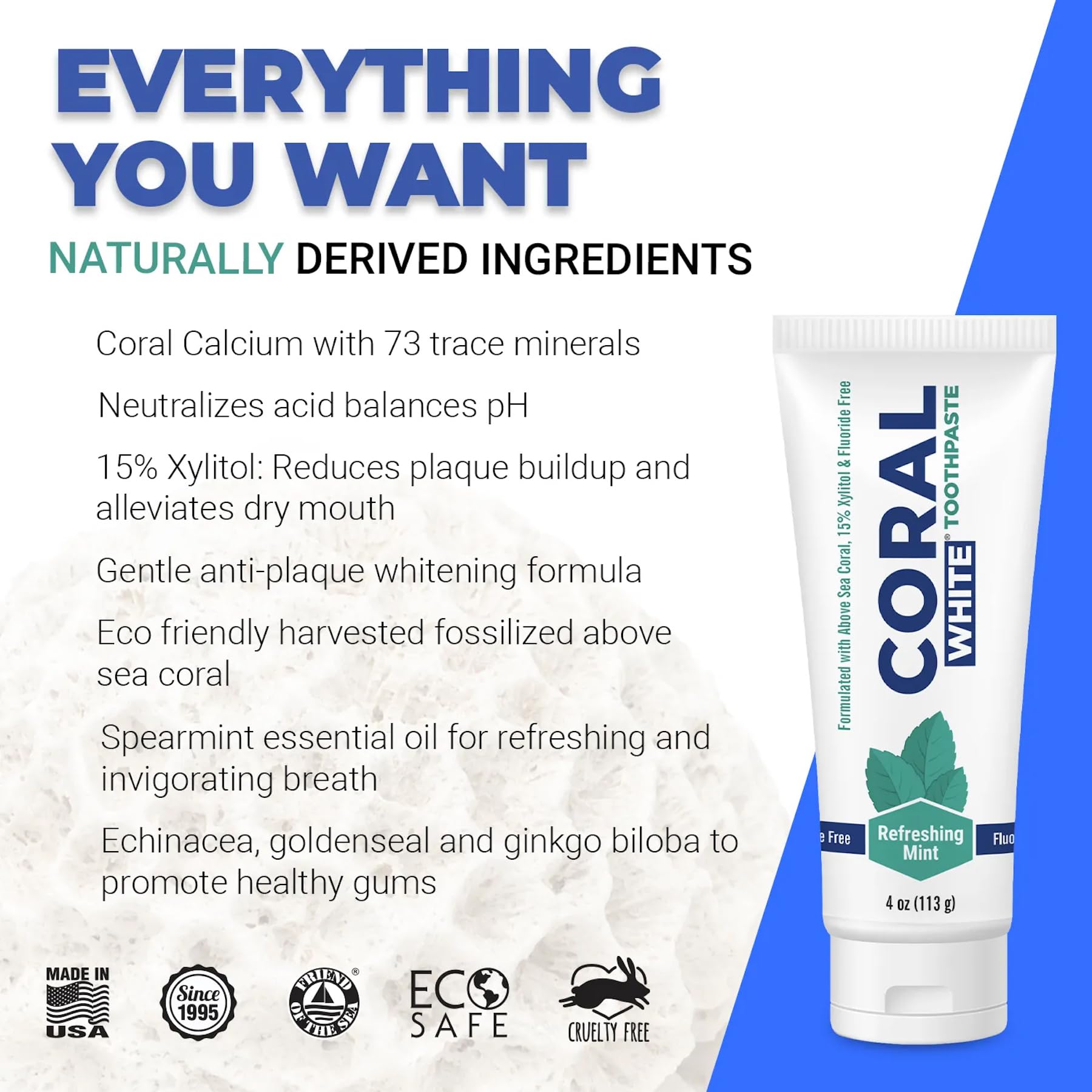 Coral White dentifrice menthe, tube prêt à l'emploi, frais.