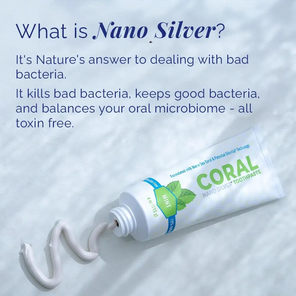 Coral White sans fluor, dentifrice nano argent pour brossage sûr.