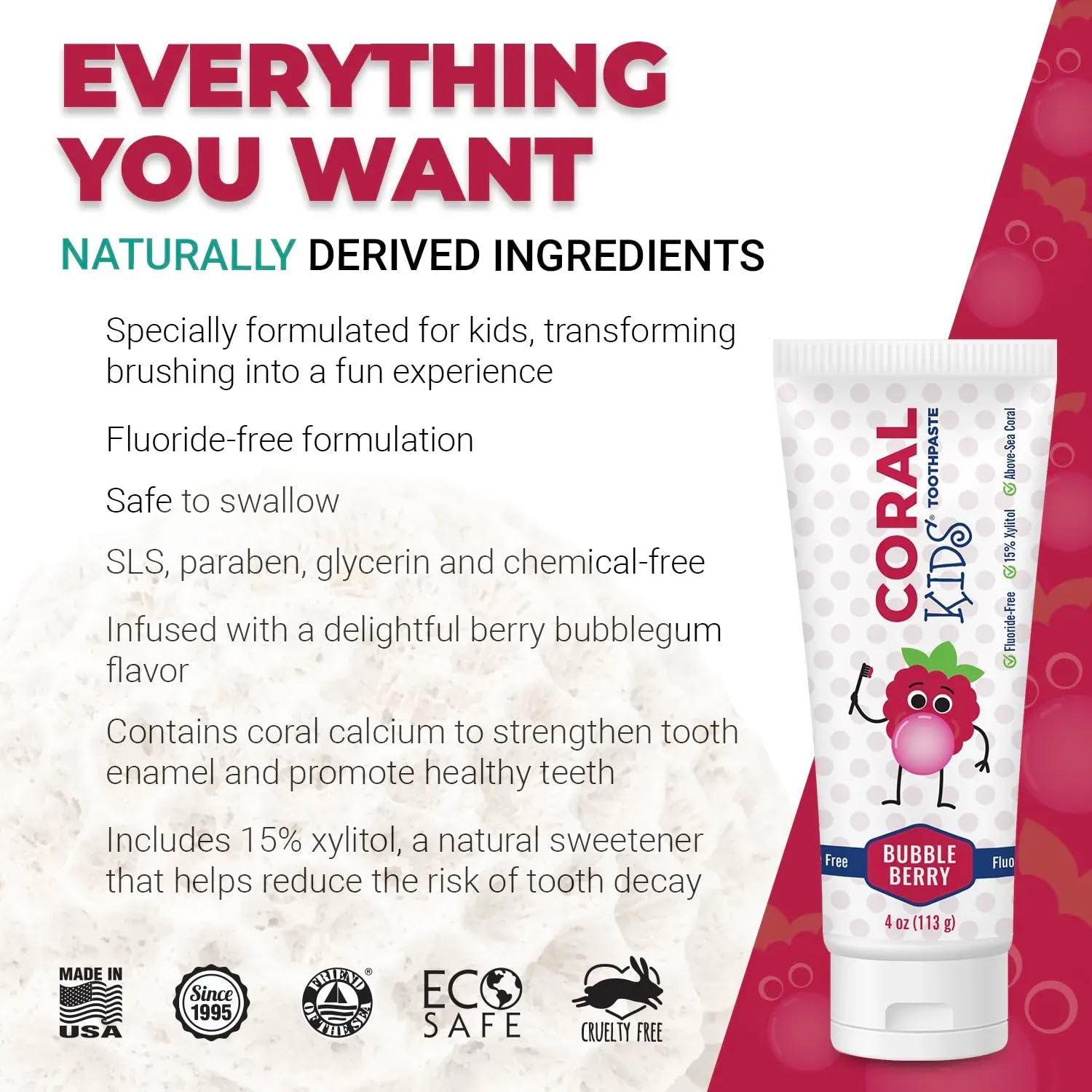 Dentifrice Coral White Bubble Berry pour enfants, tube individuel prêt à l'emploi