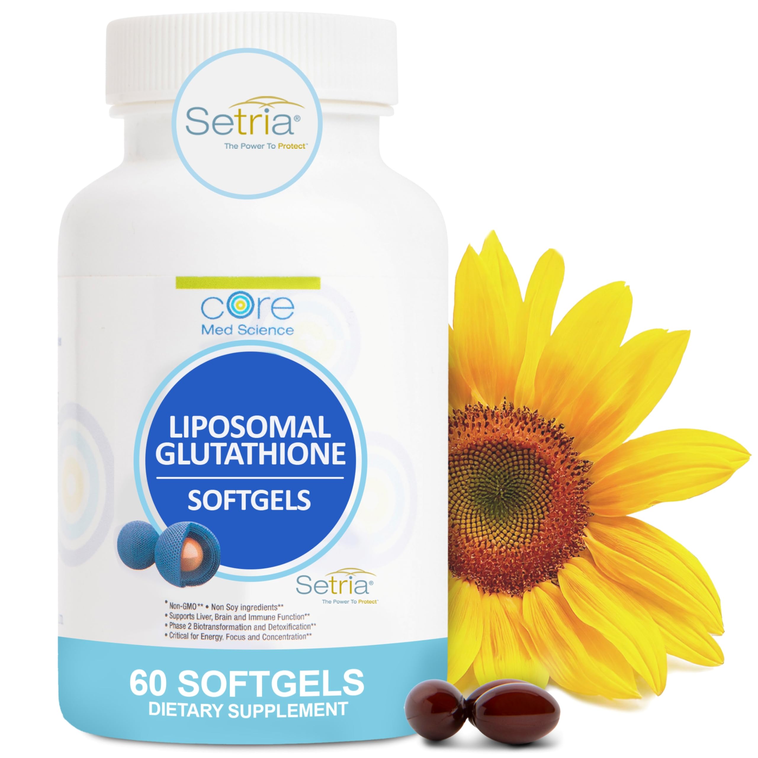 Core Med Science Glutathione liposomal bouteille montrant les capsules, potentiel soutien energie.